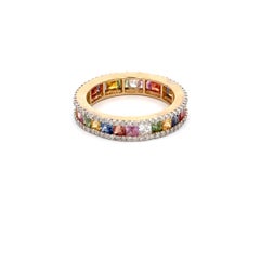 Multi Color Rainbow Sapphire Diamond Engagement Band Ring 14k Solid Yellow Gold
