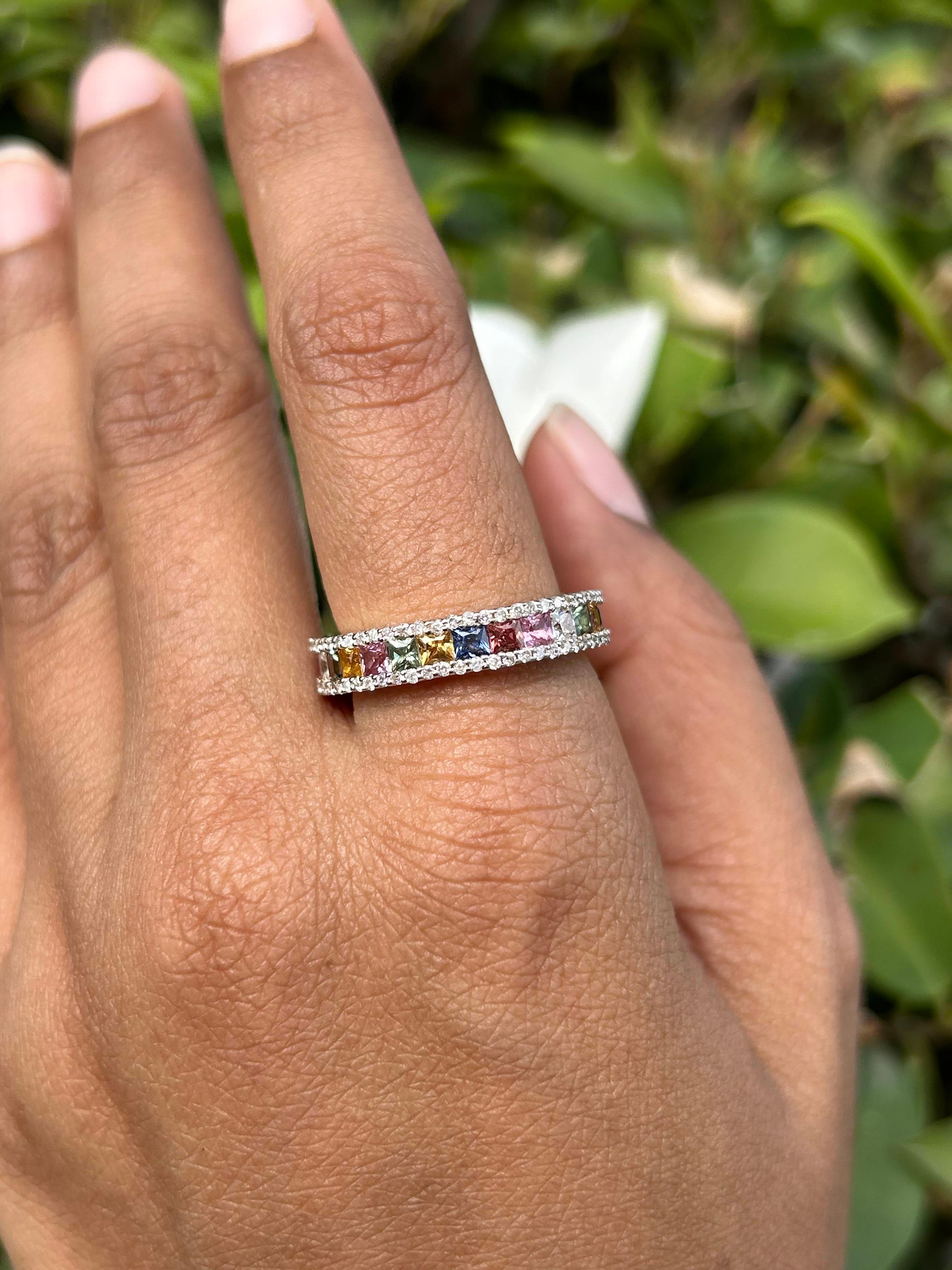 For Sale:  Multi Color Rainbow Sapphire Diamond Engagement Band Ring 14k Solid Yellow Gold 3