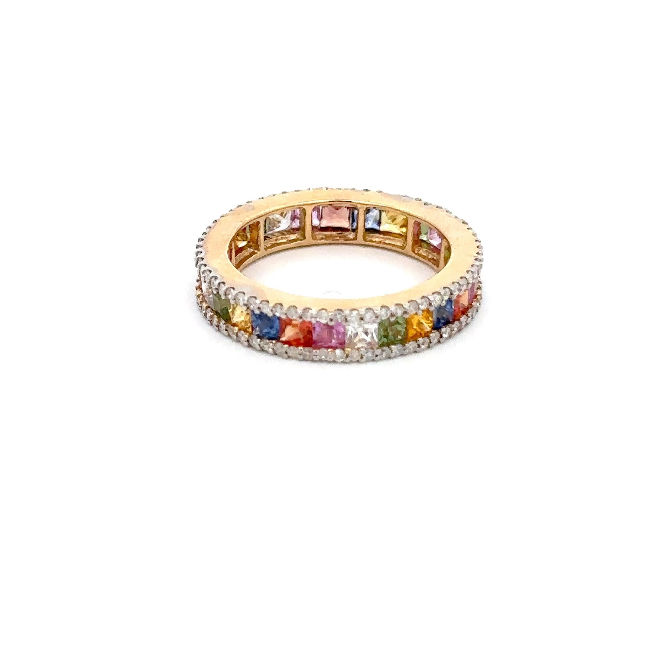 For Sale:  Multi Color Rainbow Sapphire Diamond Engagement Band Ring 14k Solid Yellow Gold 6