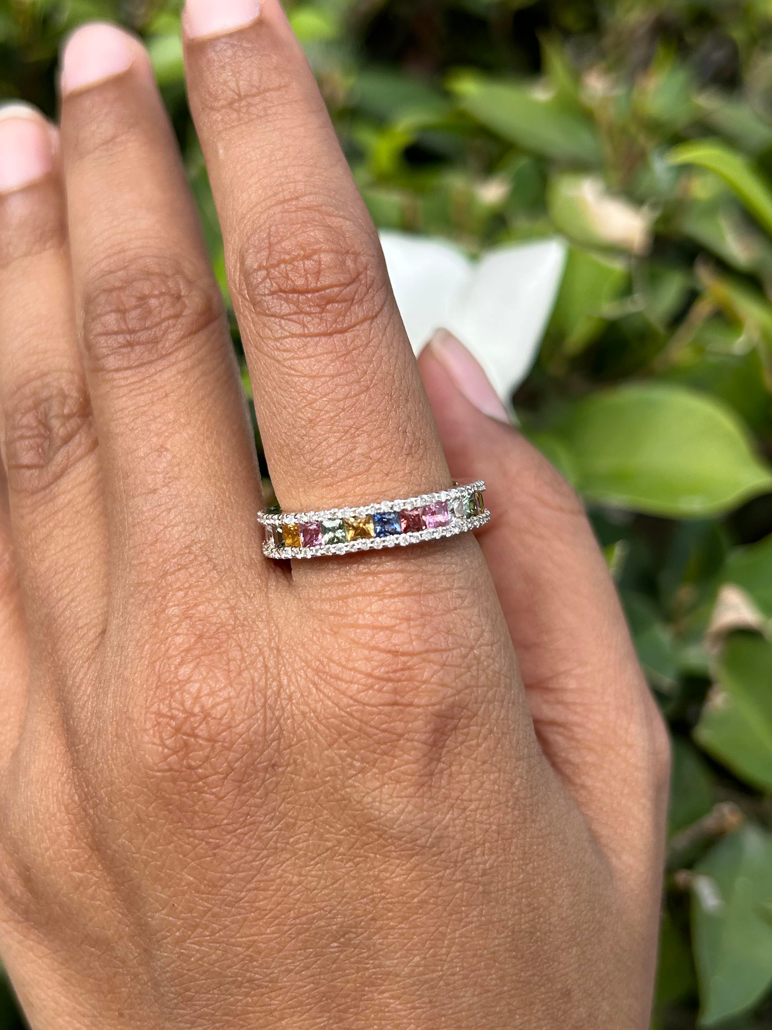 For Sale:  Multi Color Rainbow Sapphire Diamond Engagement Band Ring 14k Solid Yellow Gold 7