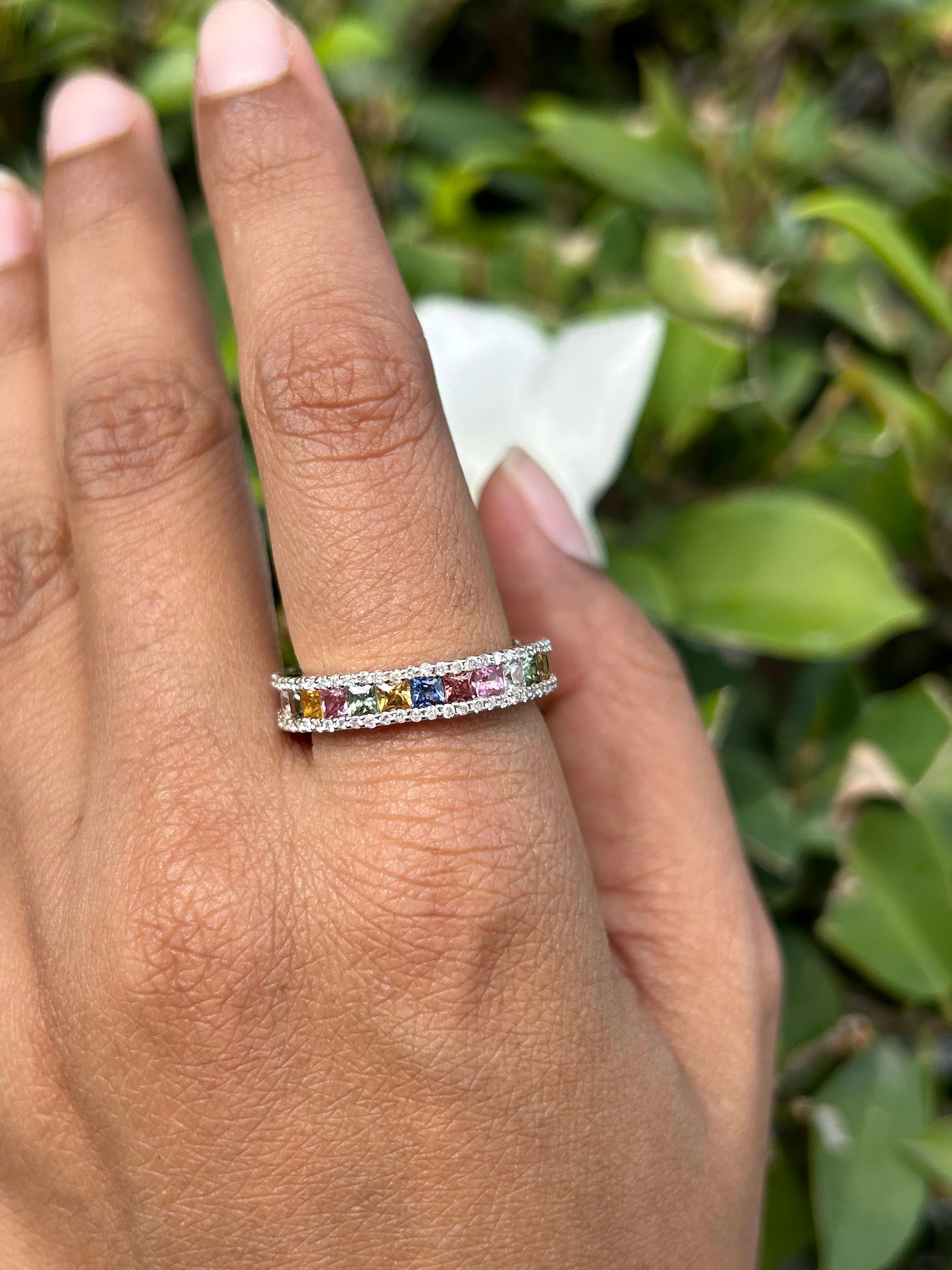 For Sale:  Multi Color Rainbow Sapphire Diamond Engagement Band Ring 14k Solid Yellow Gold 9