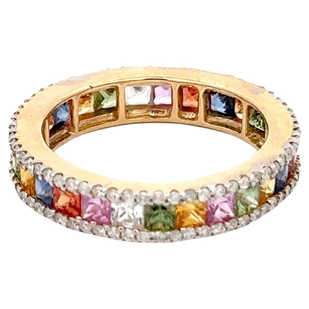 Multi Color Rainbow Sapphire Diamond Engagement Band Ring 14k Solid Yellow Gold
