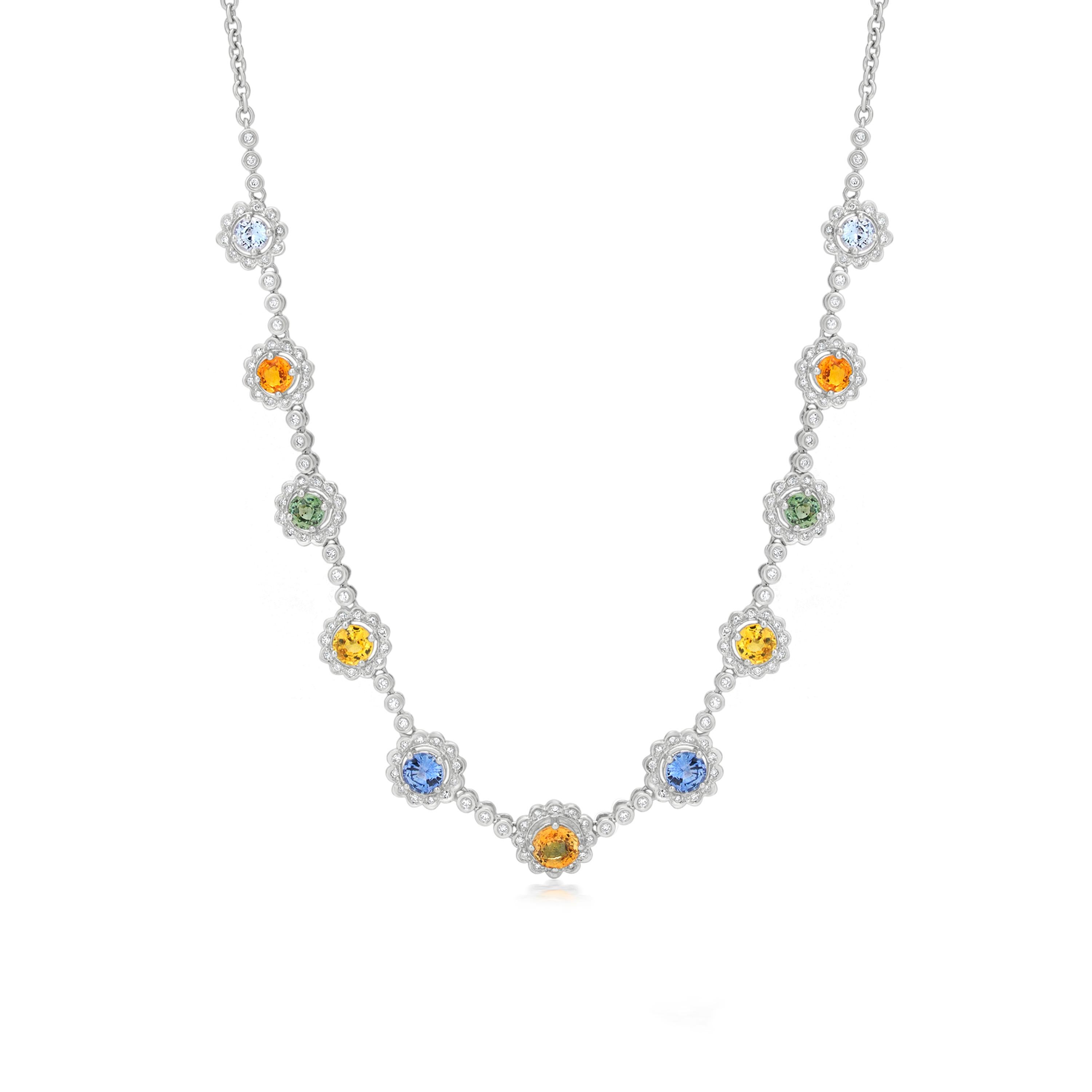 Contemporary Gemistry 5.57CT Multi Sapphire Station Necklace with Diamond Accents in 18k Gold