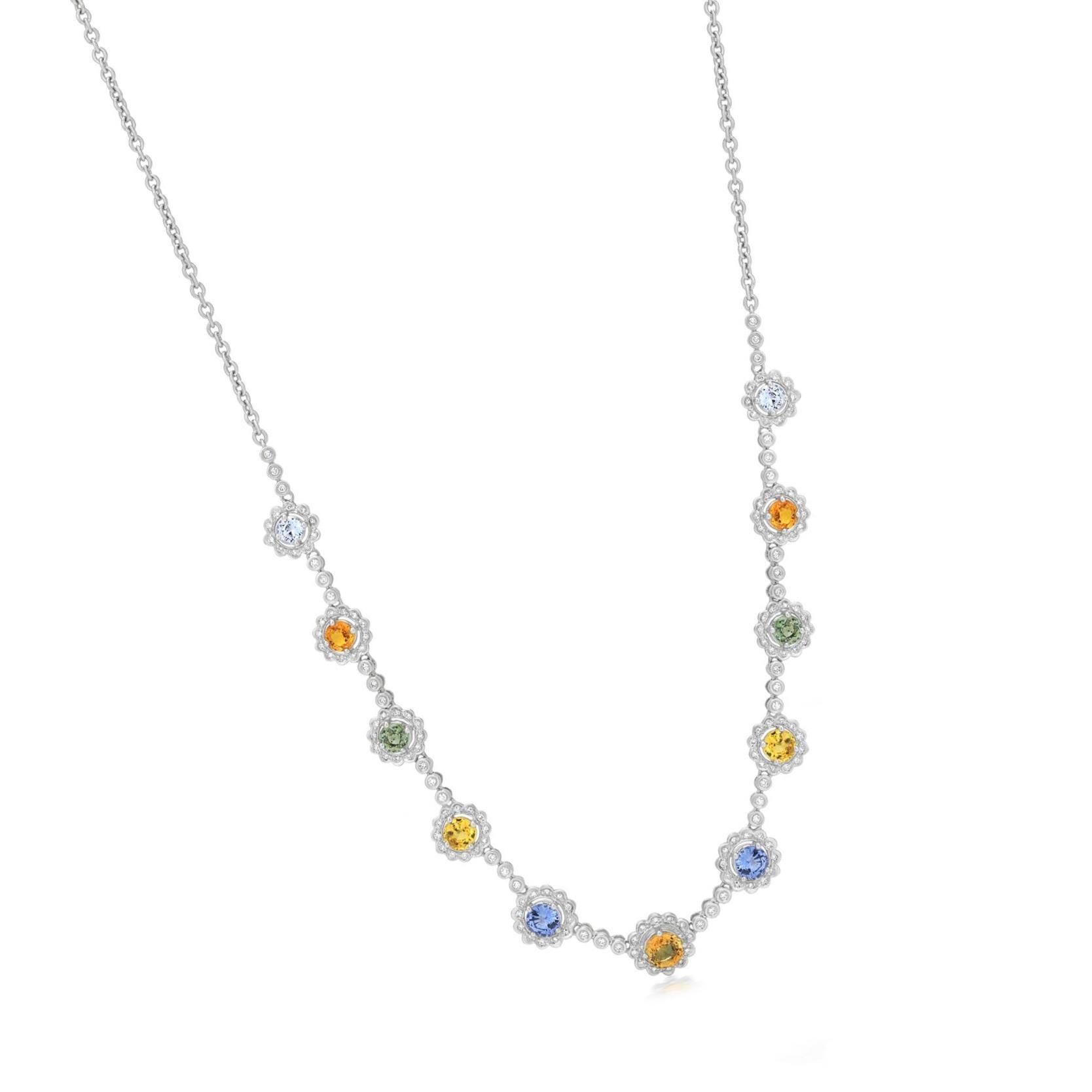 Round Cut Gemistry 5.57CT Multi Sapphire Station Necklace with Diamond Accents in 18k Gold