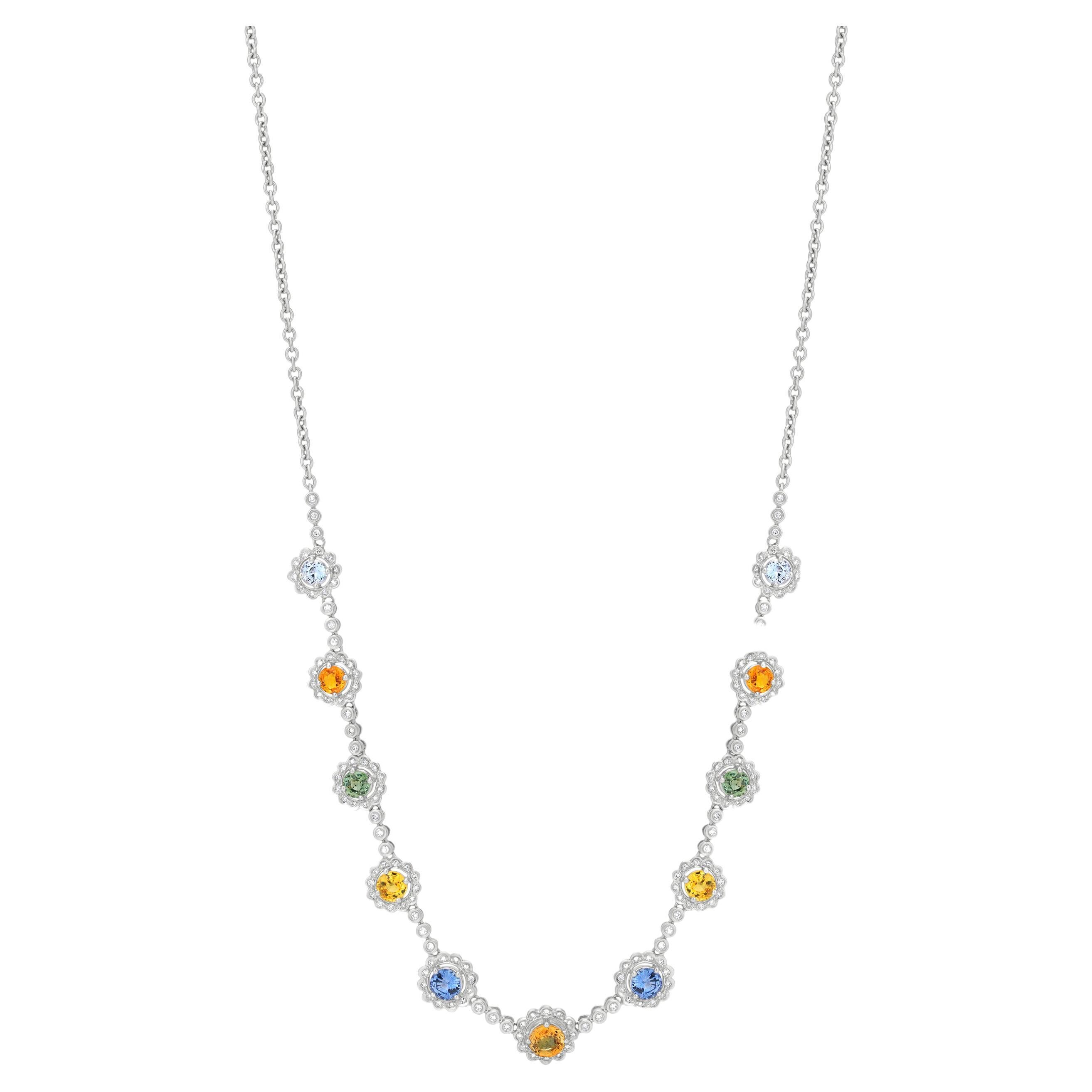 Gemistry 5.57CT Multi Sapphire Station Necklace with Diamond Accents in 18k Gold
