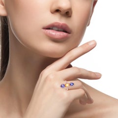 Multi-Sapphire Triple Stone Ring in 18kt Gold with Diamond Halo