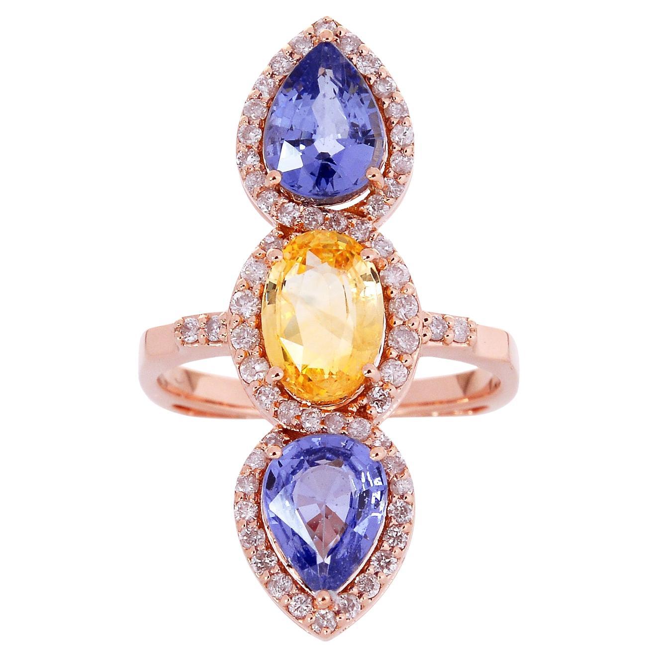 Multi-Sapphire Triple Stone Ring in 18kt Gold with Diamond Halo For Sale