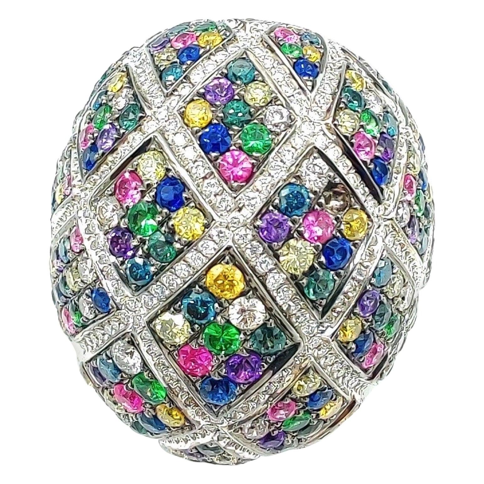 Multi Sapphire Tsavorite Diamond 18 Karat Gold Bombe Ring