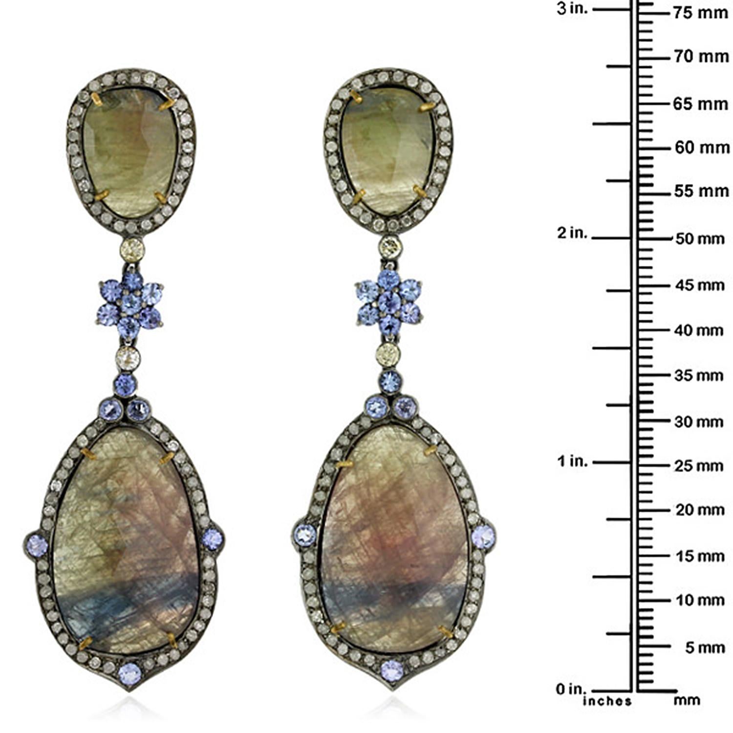 Mixed Cut Multi Sapphire & Tanzanite Earring With Pave Diamonds Made In 18k Gold & Silver For Sale