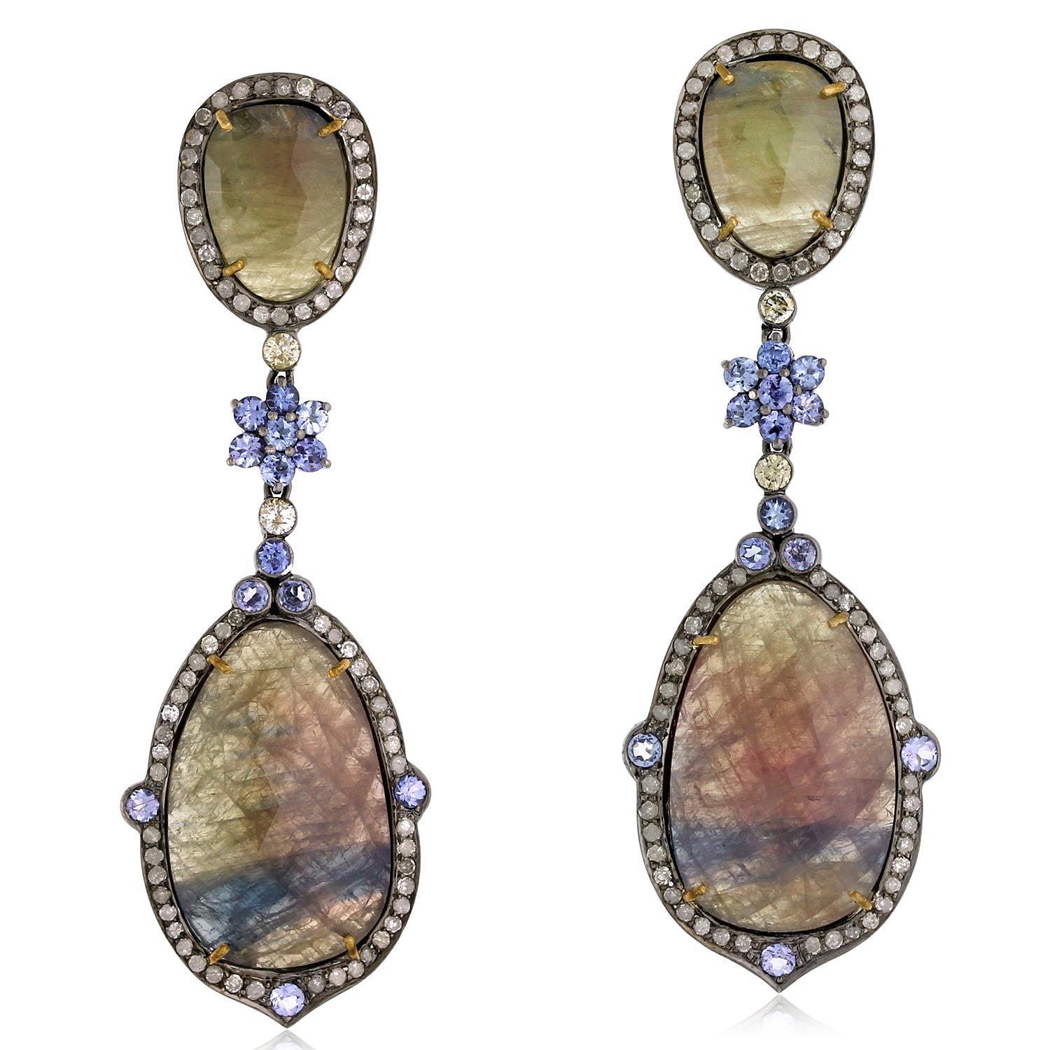 Multi Sapphire & Tanzanite Earring With Pave Diamonds Made In 18k Gold & Silver In New Condition For Sale In New York, NY