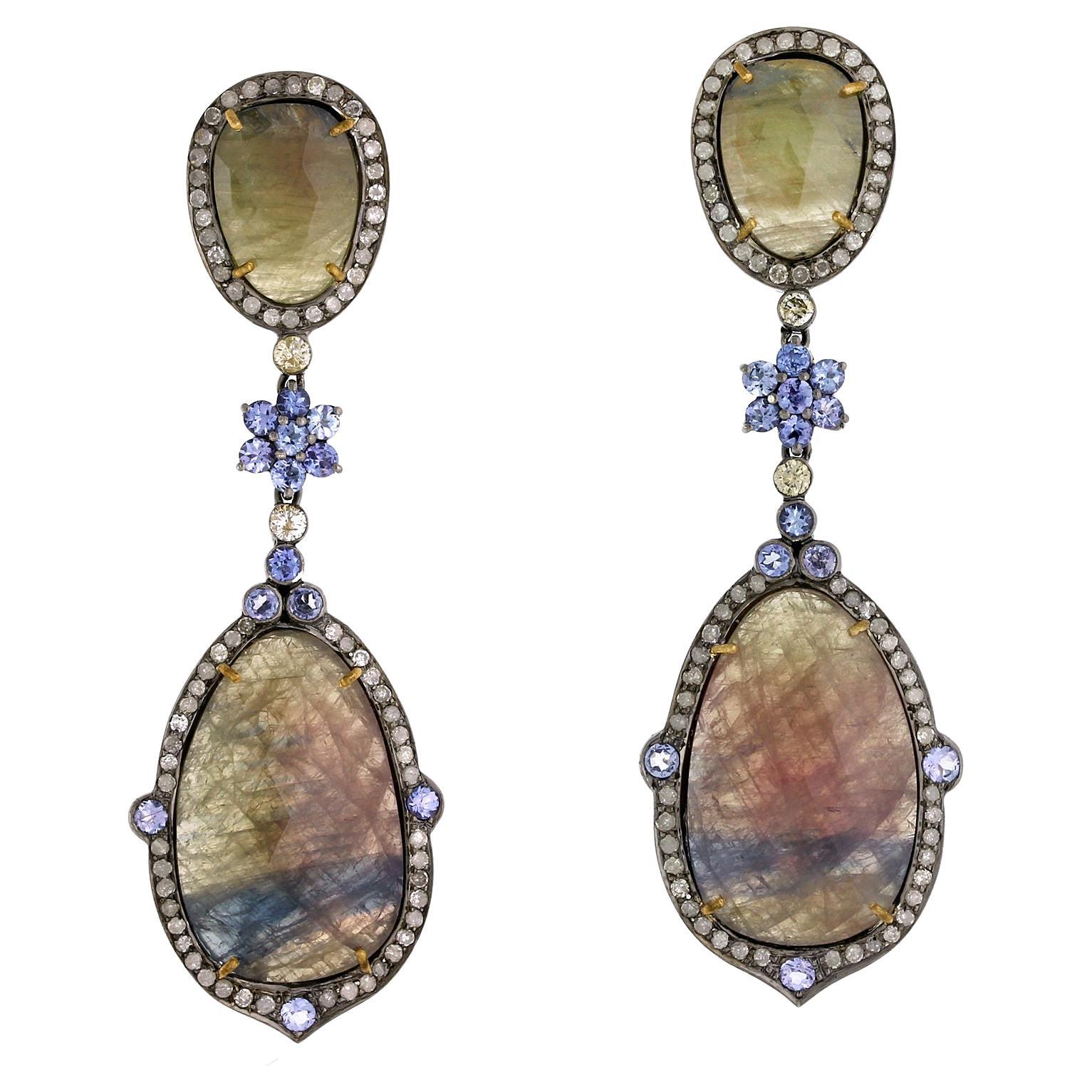 Multi Sapphire & Tanzanite Earring With Pave Diamonds Made In 18k Gold & Silver For Sale