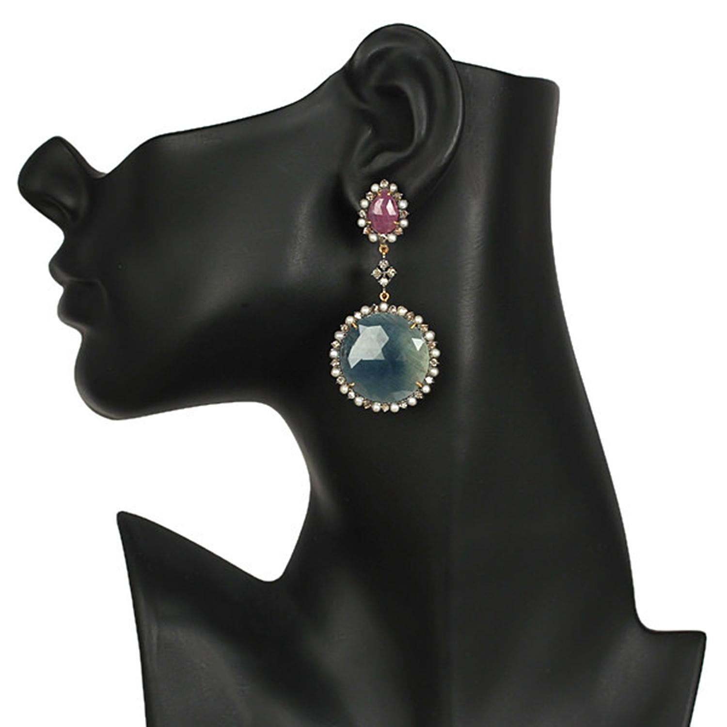 Mixed Cut Multi Sapphire Two Tier Dangle Earrings Equipped With Pearl & Diamonds For Sale