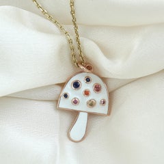 Multi Sapphire White Enameled Mushroom Pendant Made In 14K Rose Gold