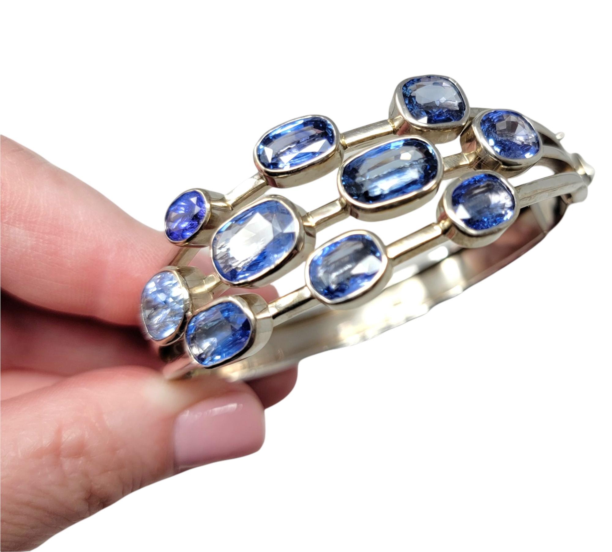 Multi Shades of Blue Sapphire and Tanzanite 14 Karat White Gold Bangle Bracelet  For Sale 2