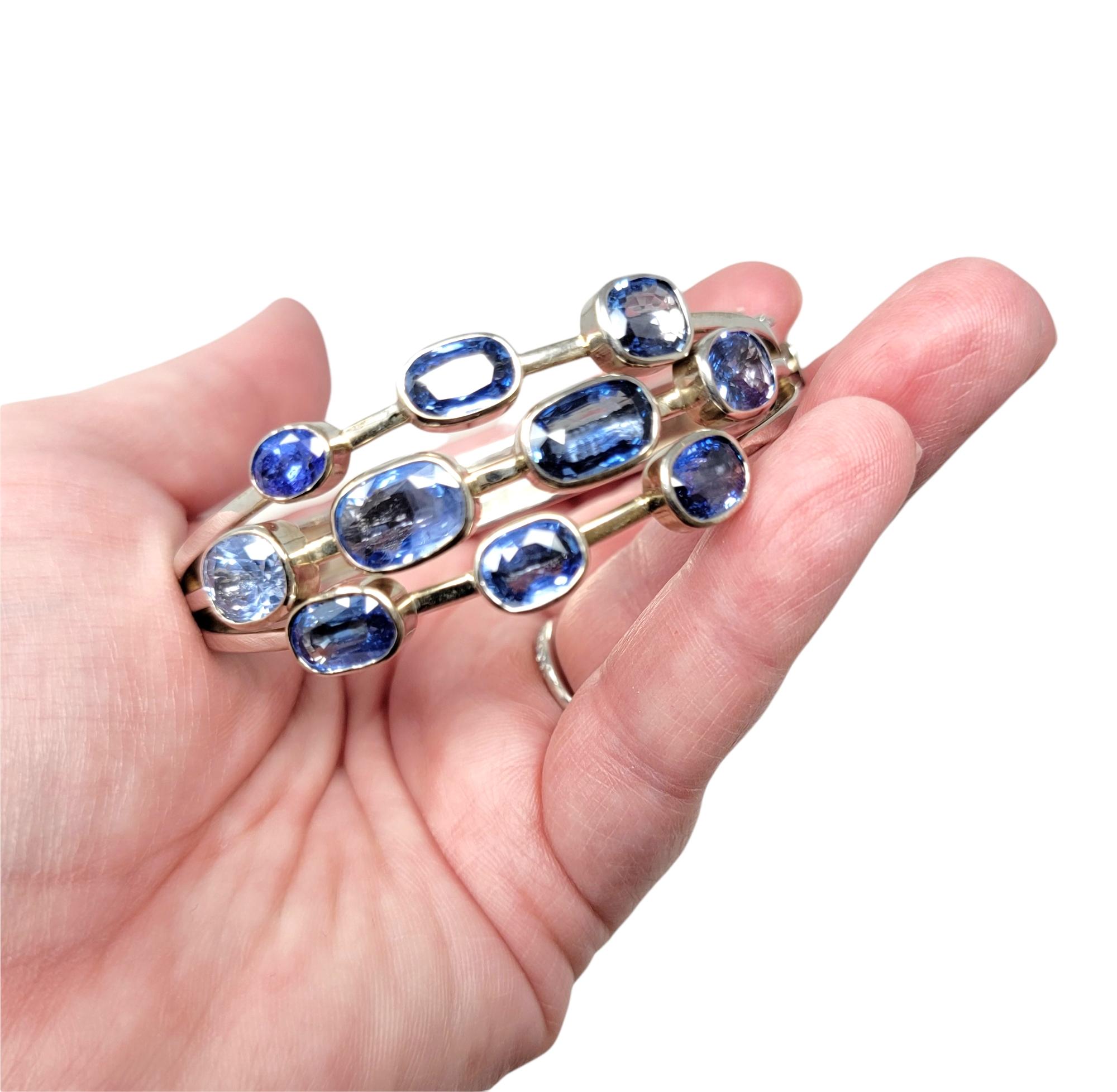 Multi Shades of Blue Sapphire and Tanzanite 14 Karat White Gold Bangle Bracelet  For Sale 3