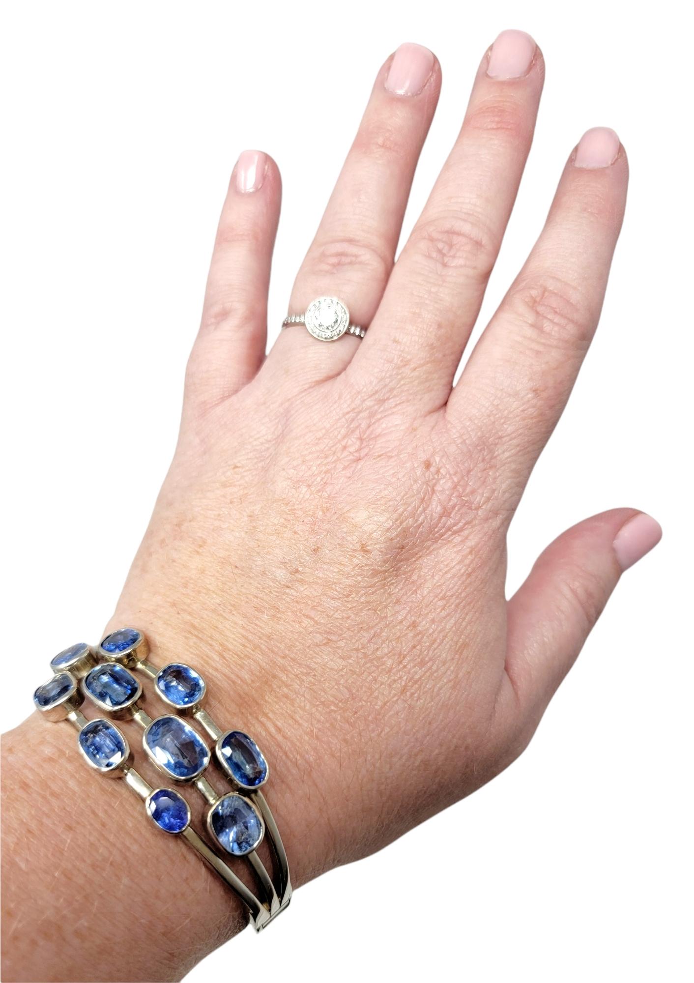 Multi Shades of Blue Sapphire and Tanzanite 14 Karat White Gold Bangle Bracelet  For Sale 4
