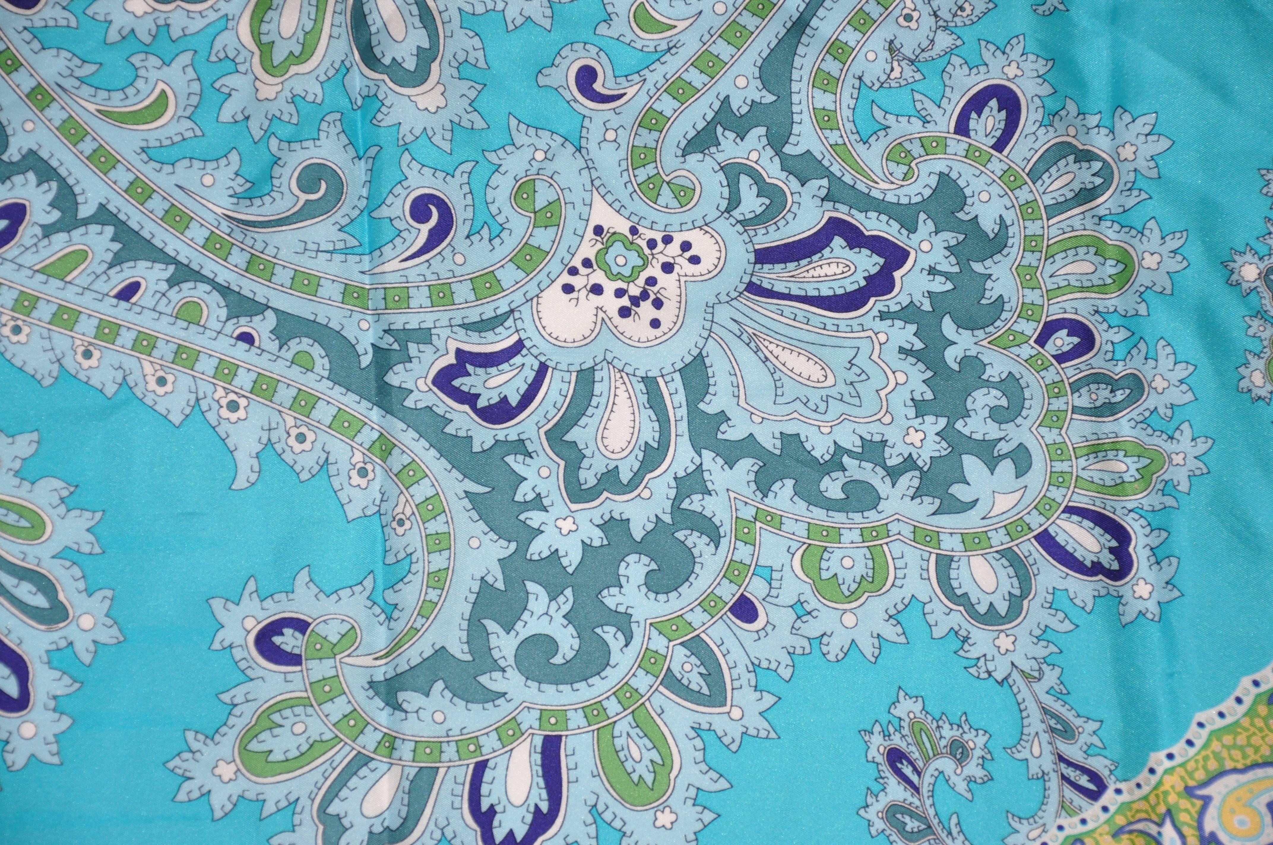 Blue Multiple Shades of Turquoise Paisley Surrounding Huge Paisley Center Silk Scarf
