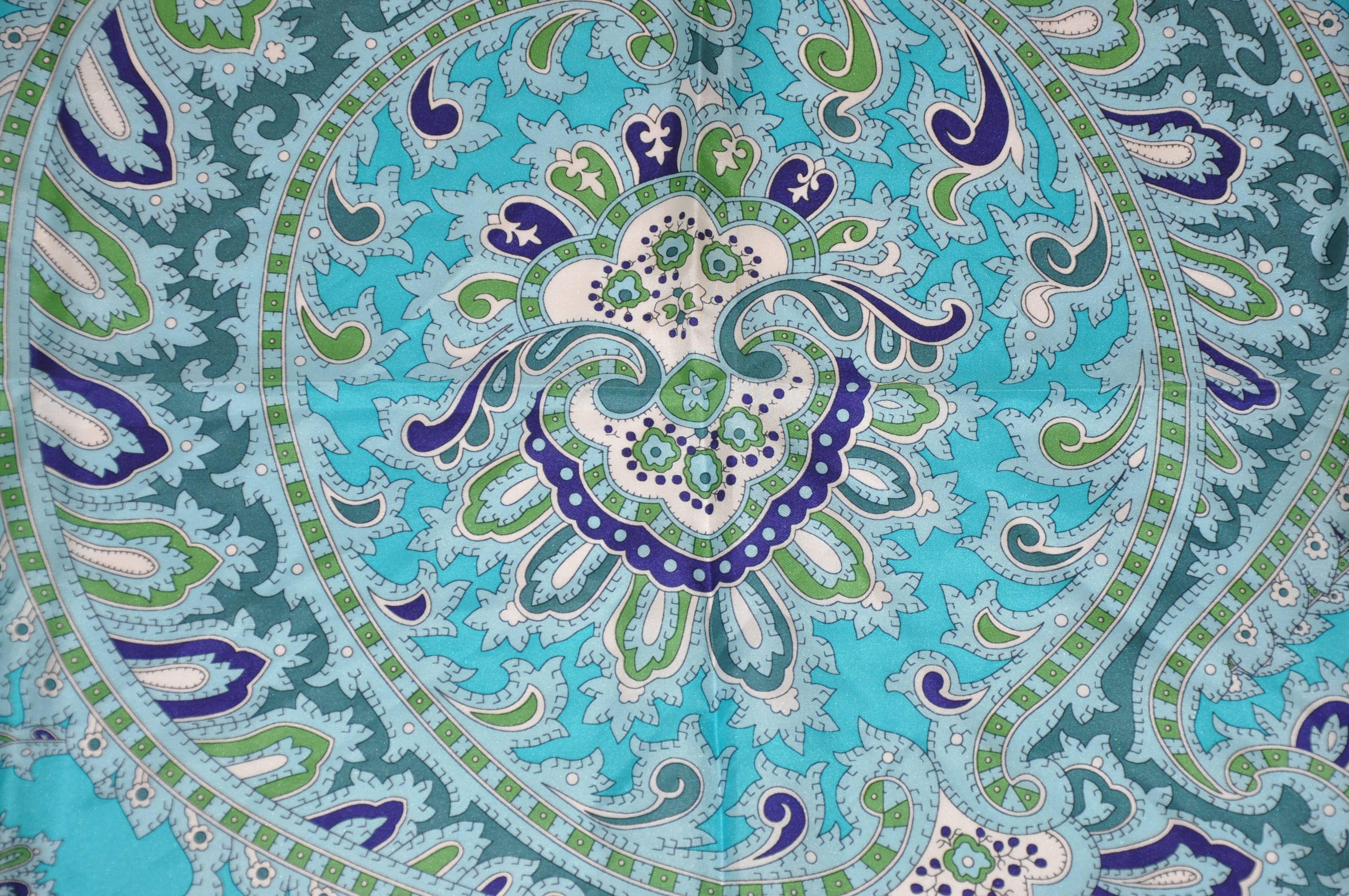 Multiple Shades of Turquoise Paisley Surrounding Huge Paisley Center Silk Scarf In Good Condition In New York, NY