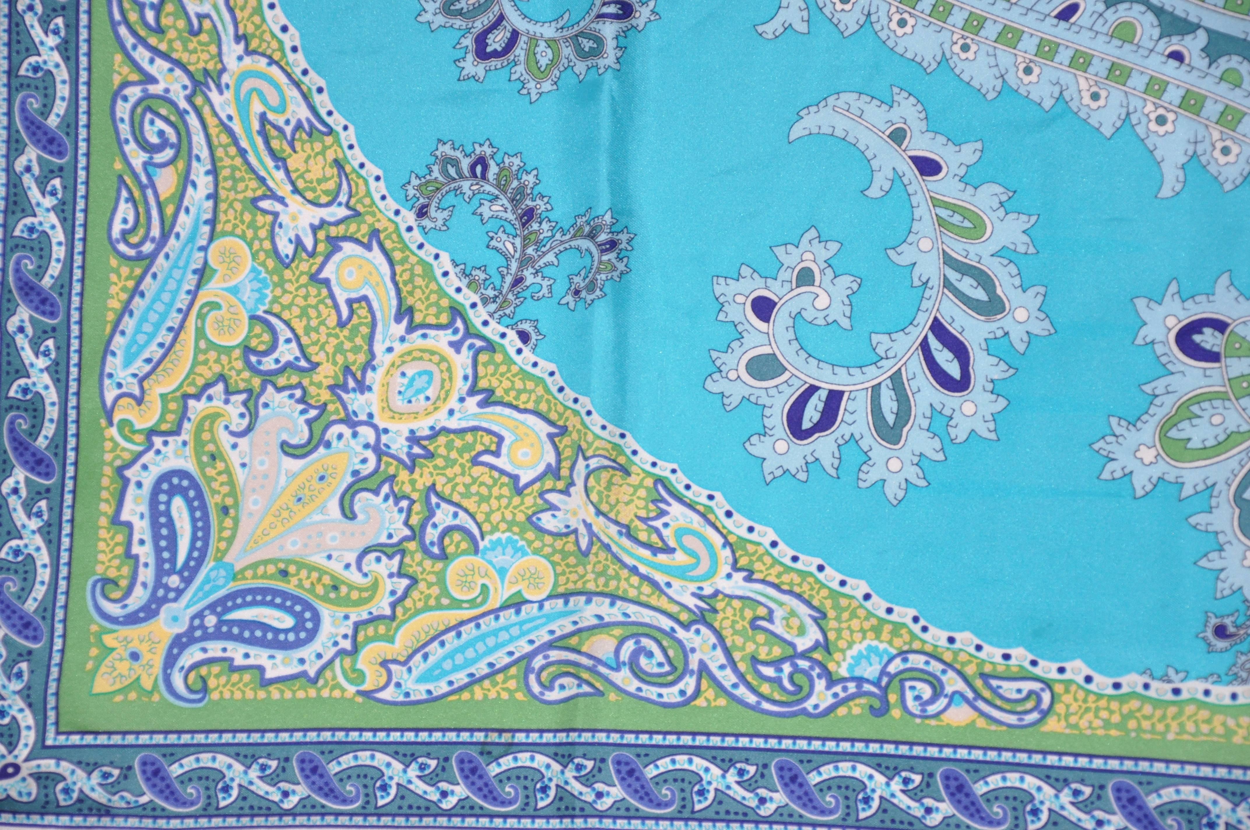Women's or Men's Multiple Shades of Turquoise Paisley Surrounding Huge Paisley Center Silk Scarf