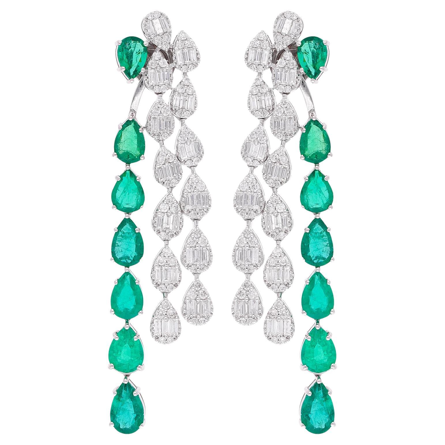 Multi Shape 12.39TCW Zambian Emerald Diamond Jacket Drop Earrings 14k White Gold For Sale