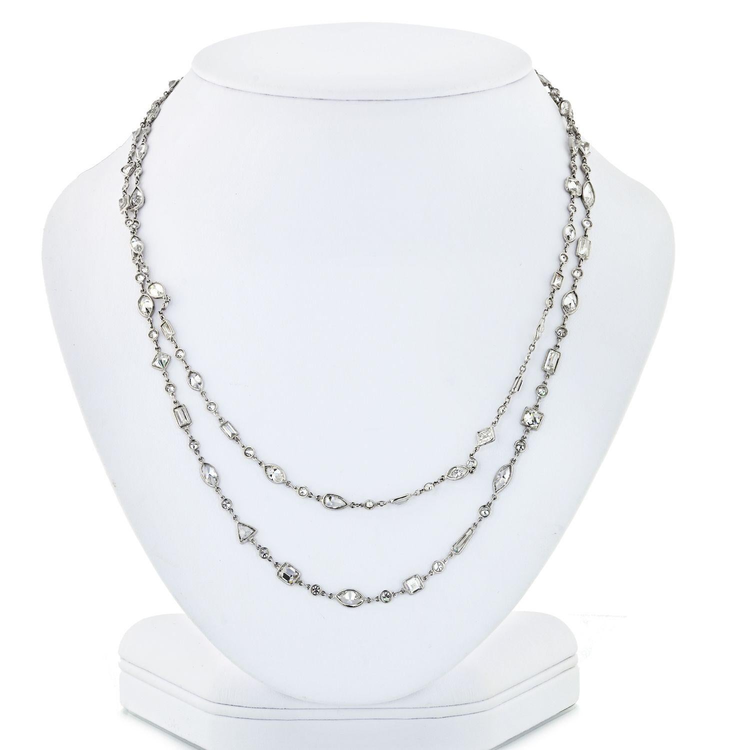 Multi Shape 23.50 Carat Diamond by the Yard Handmade Platinum Necklace In Excellent Condition In New York, NY