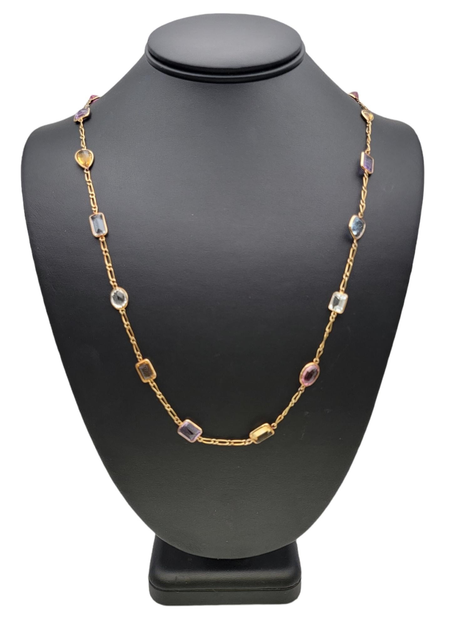 Multi Shape Colorful Multi Gemstone Station Necklace in 18 Karat Yellow Gold For Sale 3