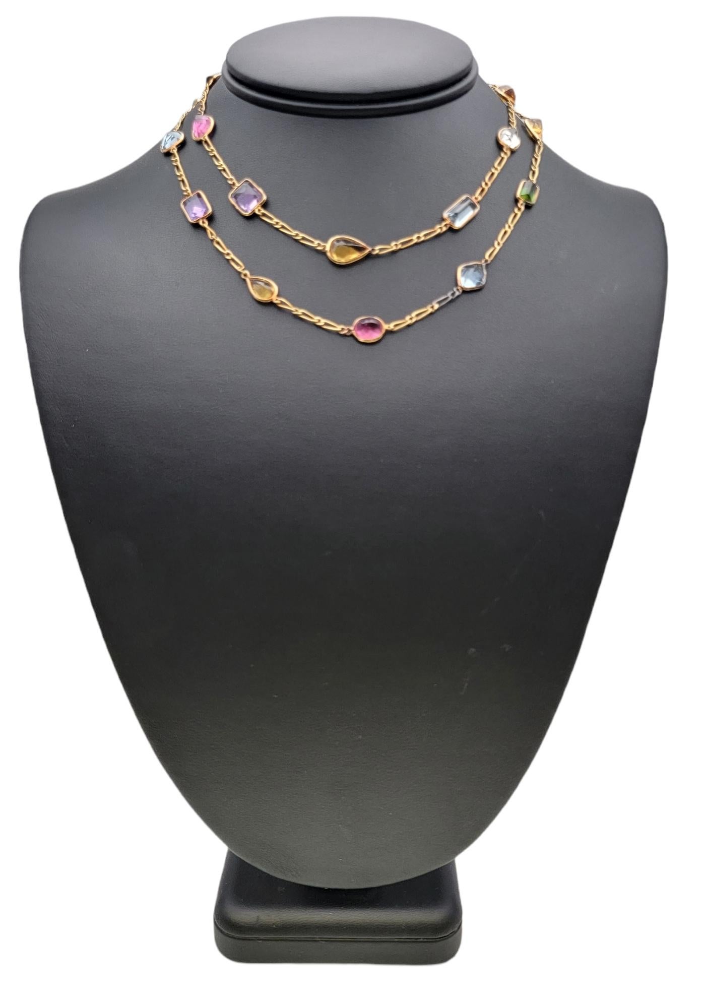 Multi Shape Colorful Multi Gemstone Station Necklace in 18 Karat Yellow Gold For Sale 4