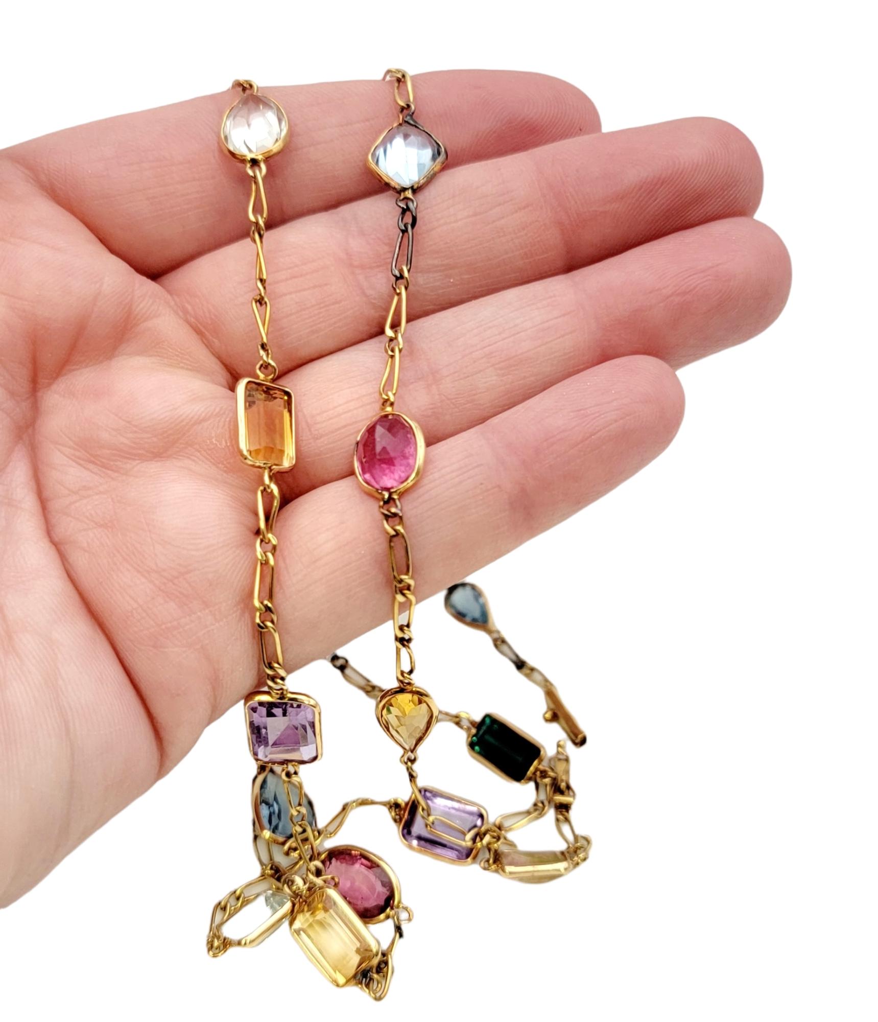 Multi Shape Colorful Multi Gemstone Station Necklace in 18 Karat Yellow Gold For Sale 5