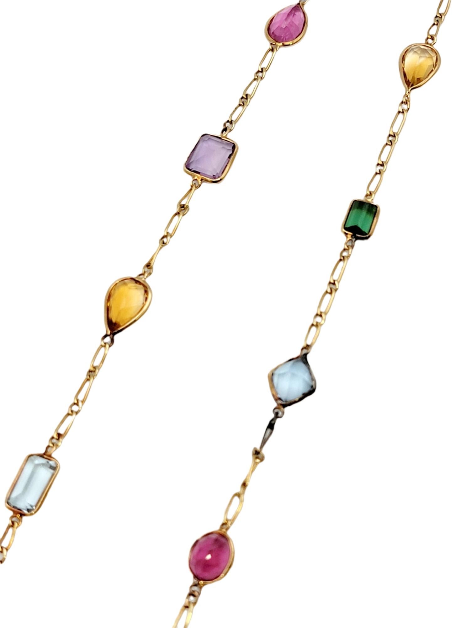 Contemporary Multi Shape Colorful Multi Gemstone Station Necklace in 18 Karat Yellow Gold For Sale