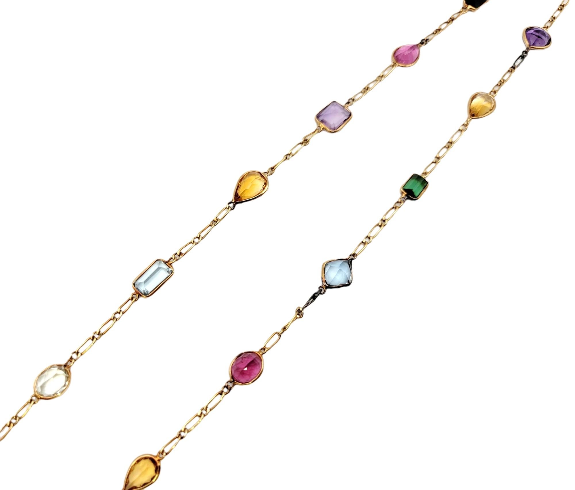 Emerald Cut Multi Shape Colorful Multi Gemstone Station Necklace in 18 Karat Yellow Gold For Sale