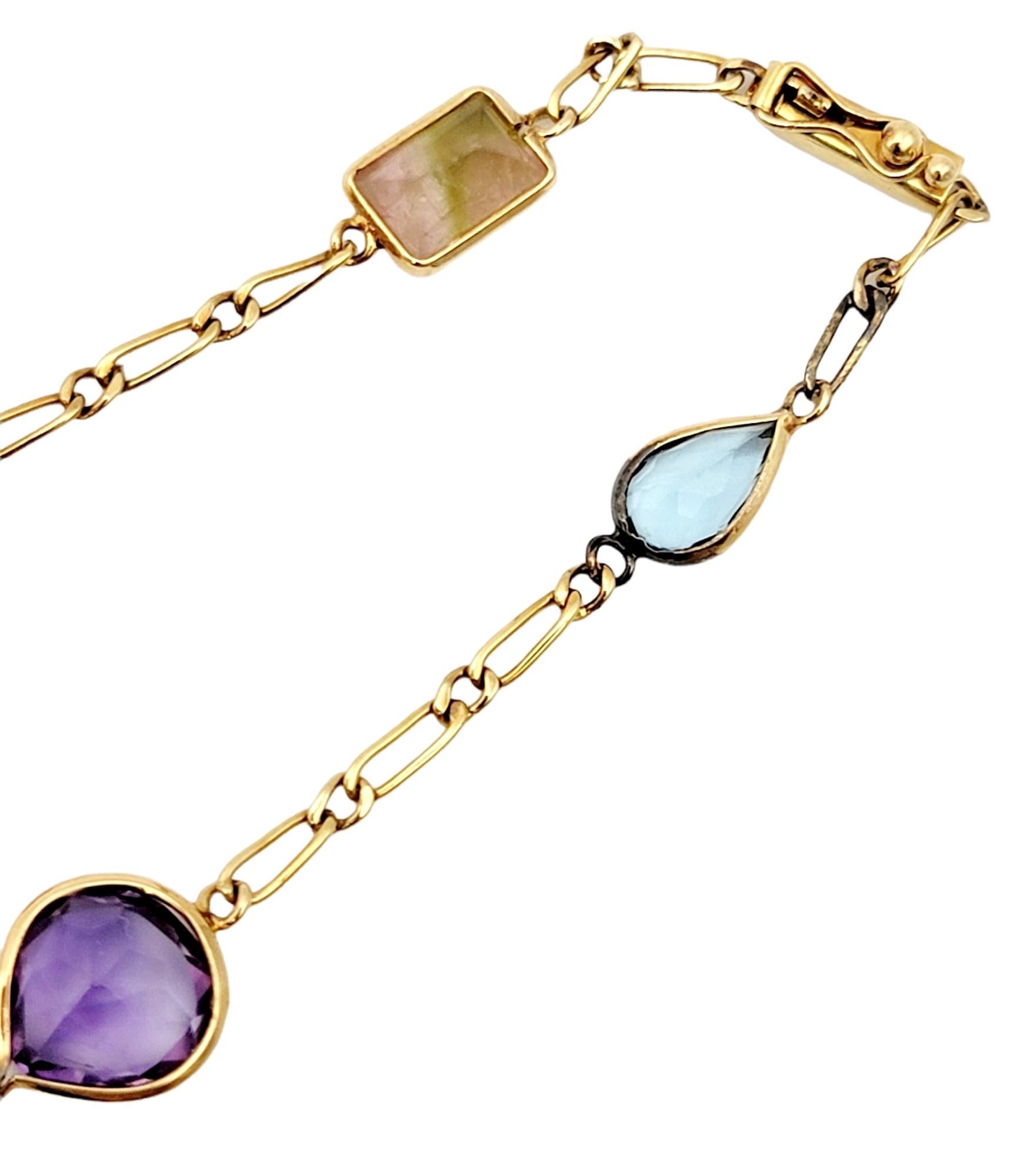 Women's Multi Shape Colorful Multi Gemstone Station Necklace in 18 Karat Yellow Gold For Sale