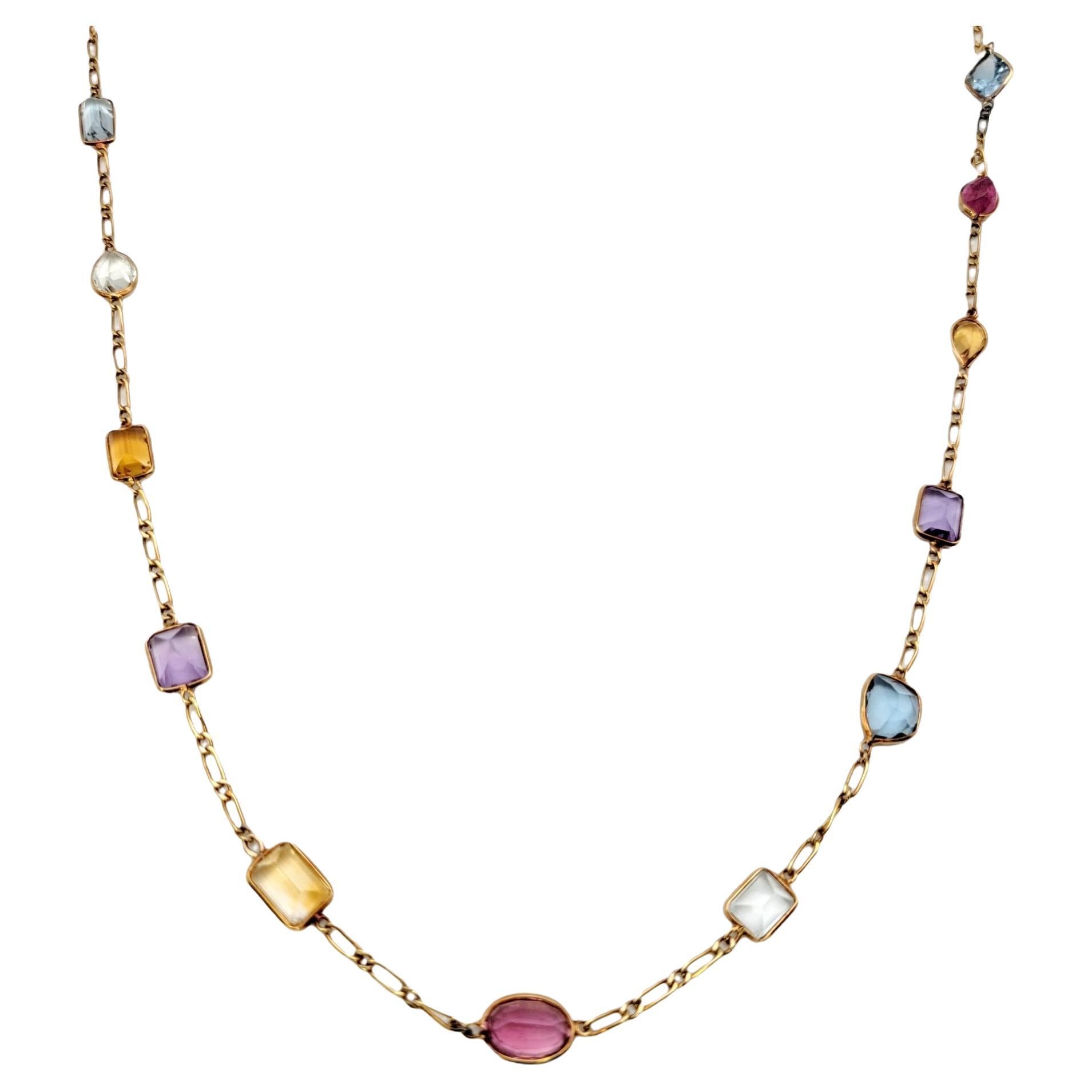 Multi Shape Colorful Multi Gemstone Station Necklace in 18 Karat Yellow Gold For Sale