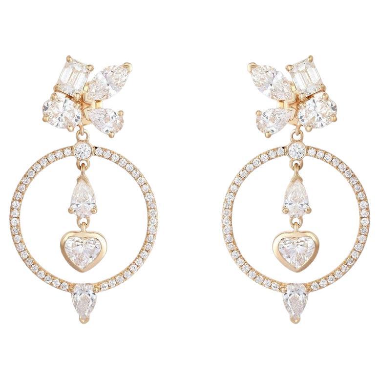 Boucles d'oreilles pendantes en or jaune 14K avec cœur et diamants multiformes