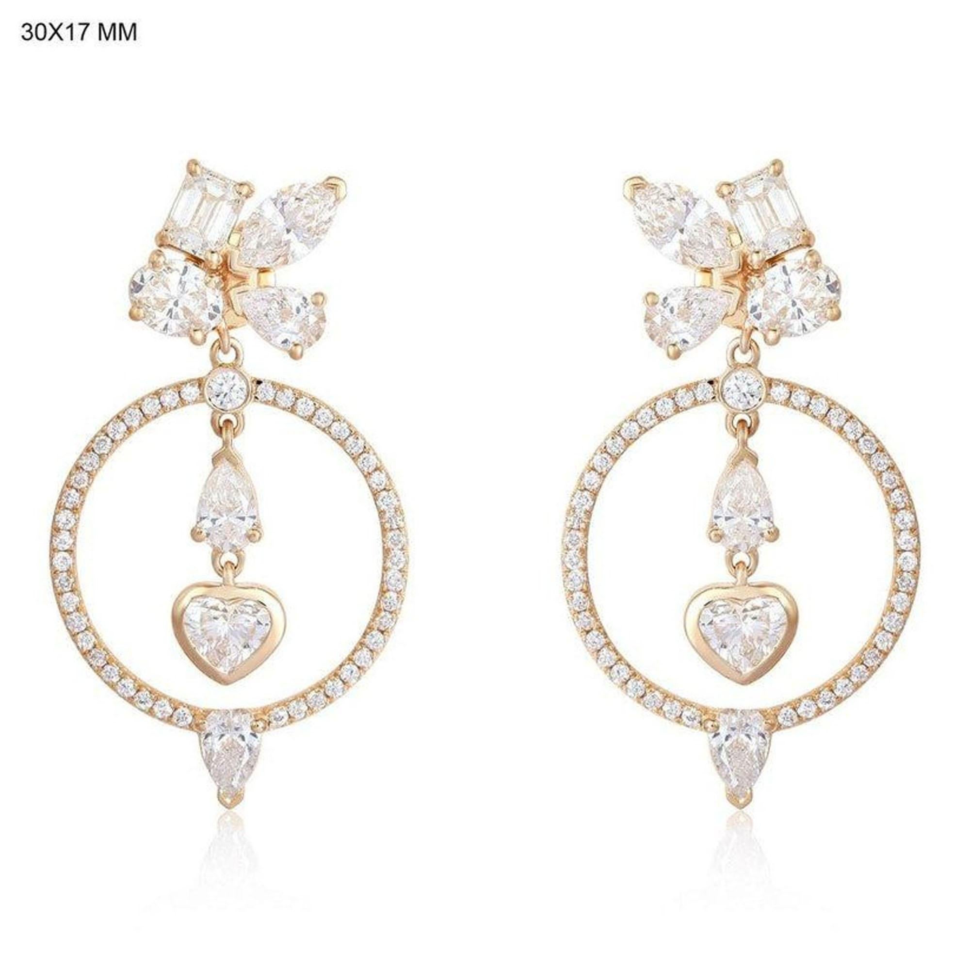 Multi Shape Diamond 14K Yellow Gold Heart Circle Drop Earrings