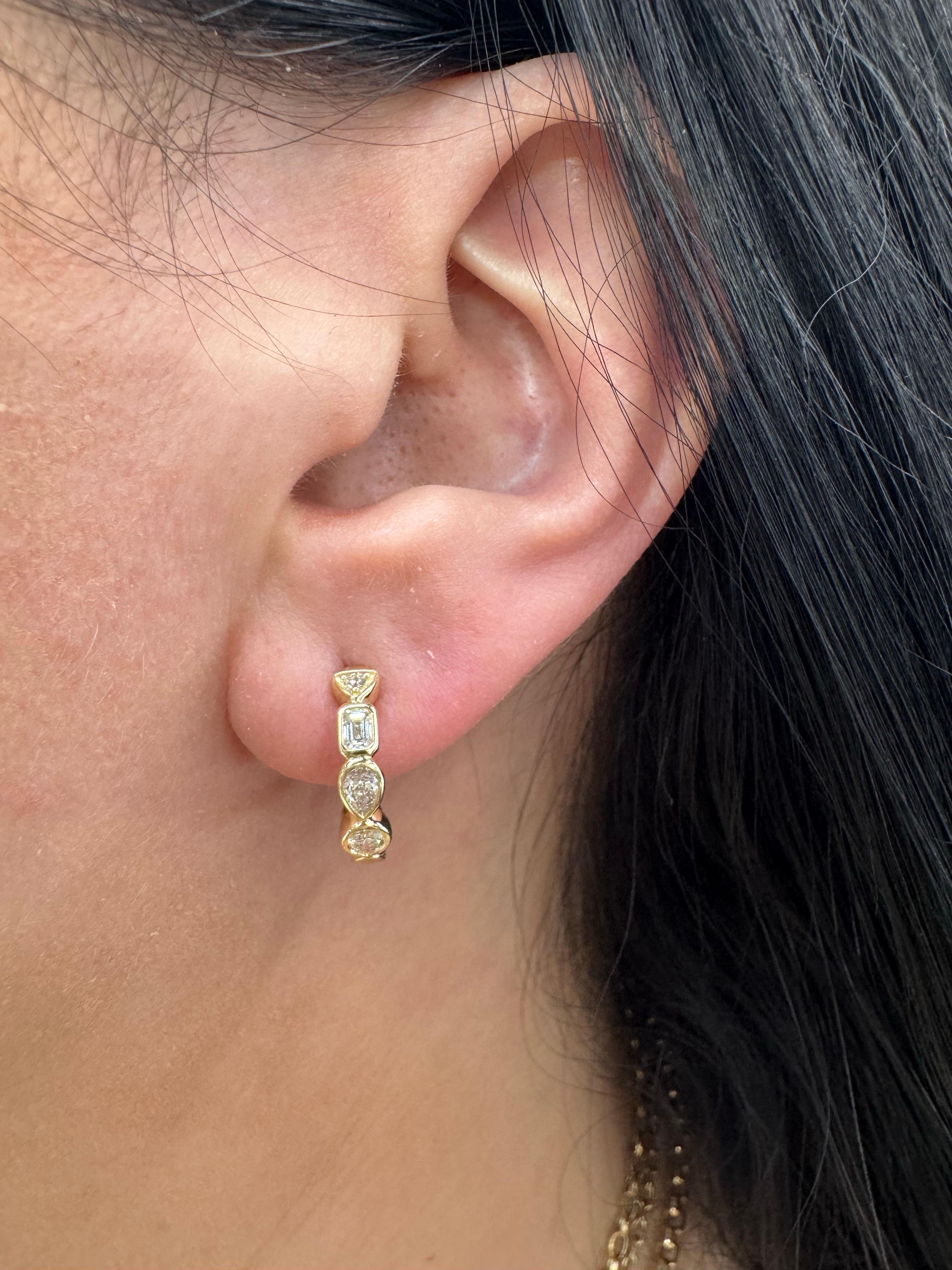 Contemporary Multi Shape Diamond Bezel Huggie Hoop Earrings 0.50 Carats 14 Karat Yellow Gold