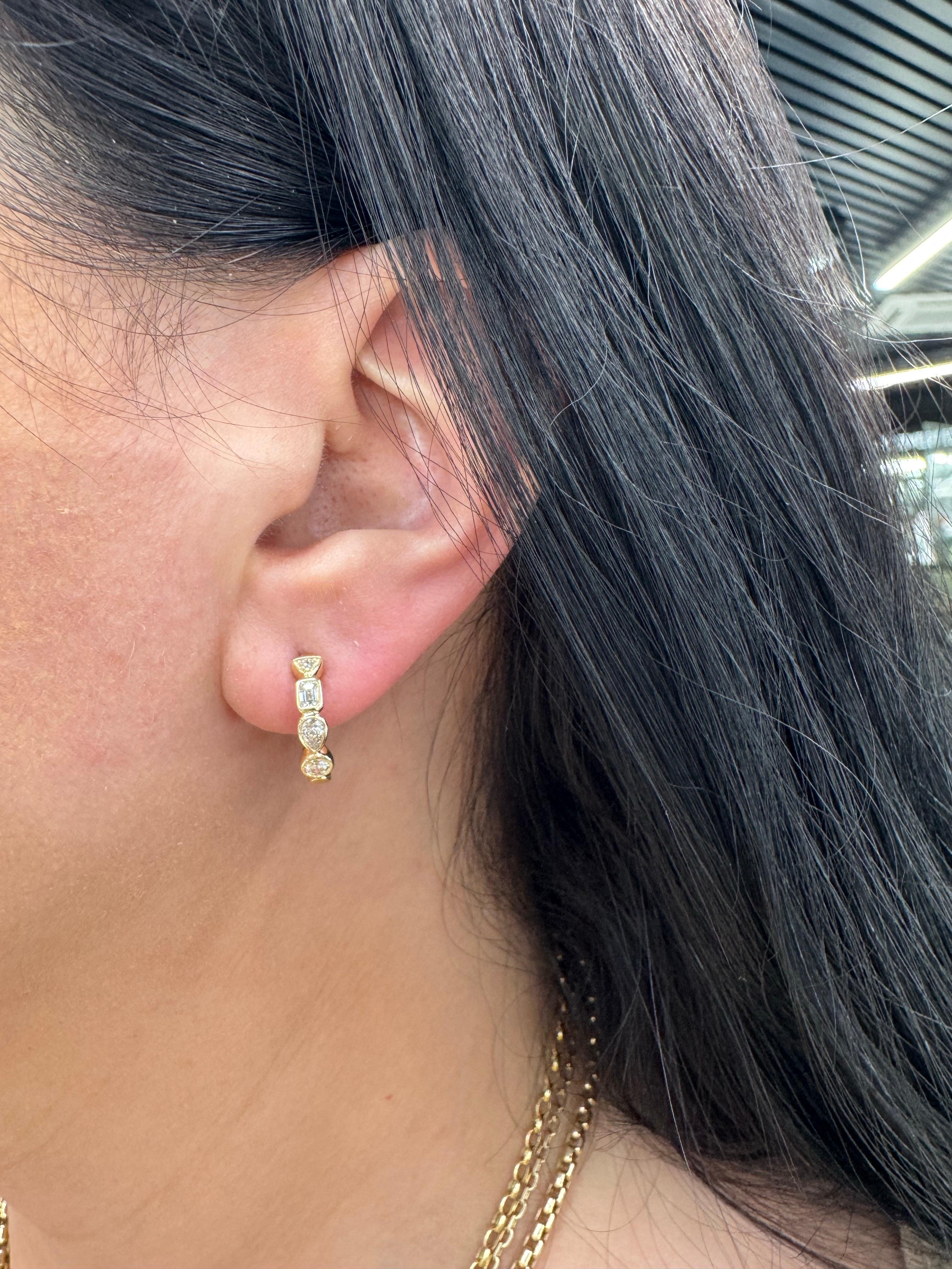 Round Cut Multi Shape Diamond Bezel Huggie Hoop Earrings 0.50 Carats 14 Karat Yellow Gold