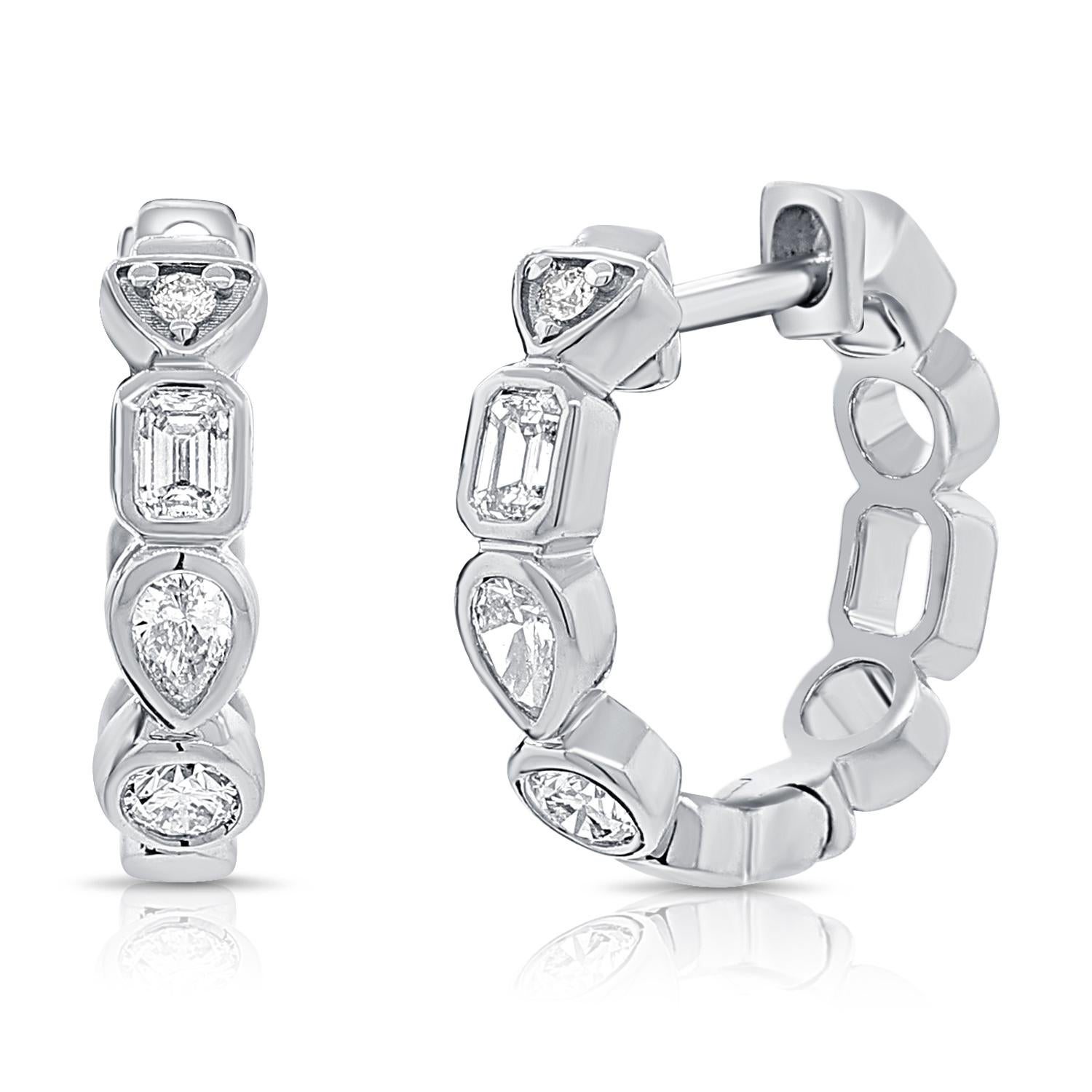 Women's Multi Shape Diamond Bezel Huggie Hoop Earrings 0.50 Carats 14 Karat Yellow Gold