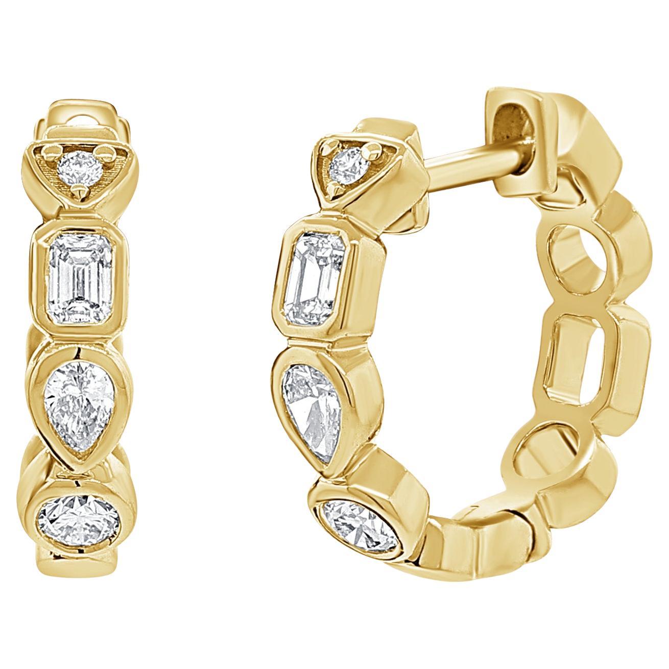 Multi Shape Diamond Bezel Huggie Hoop Earrings 0.50 Carats 14 Karat Yellow Gold