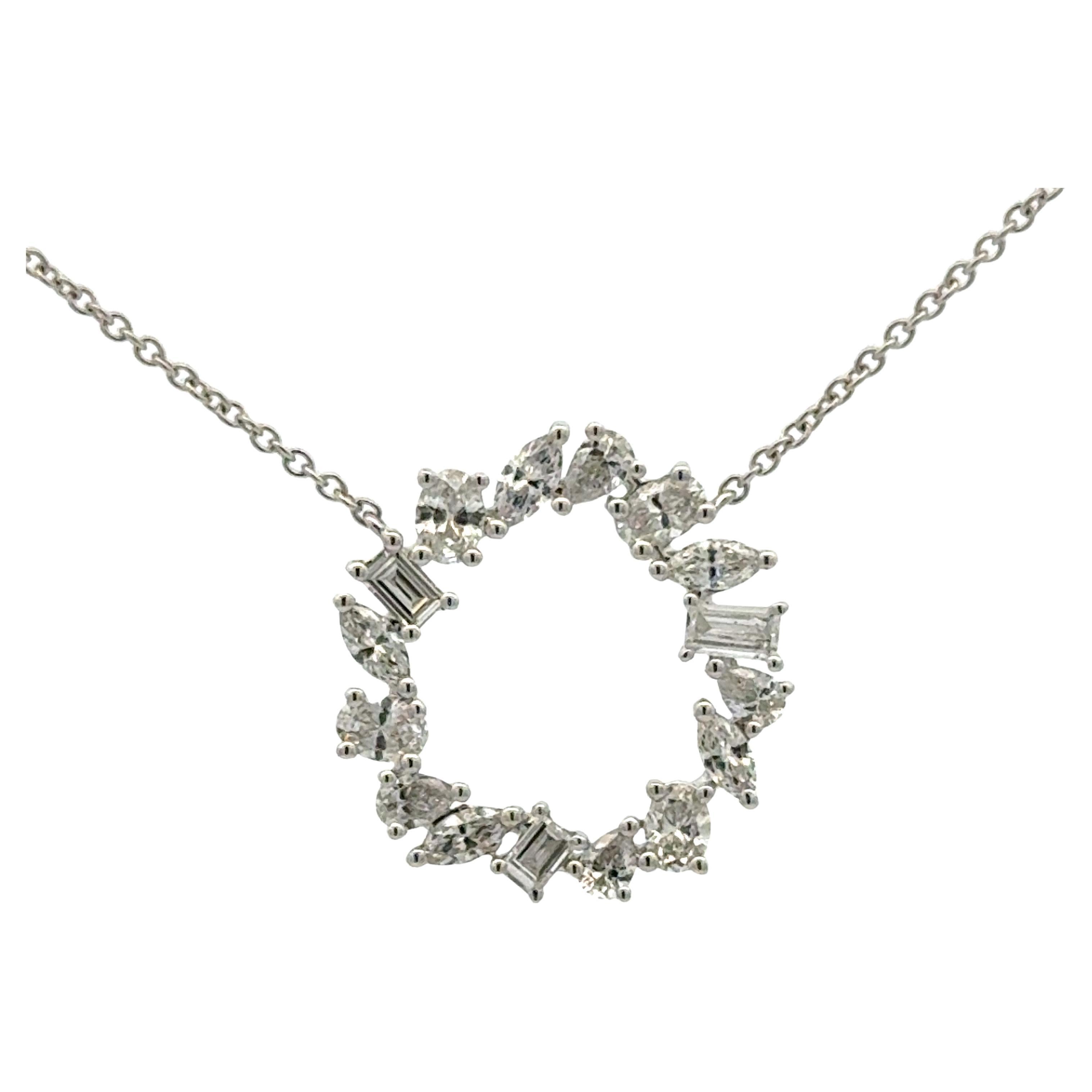 Multi-Shape Diamond Circle Pendant Necklace 1.36 Carats 18 Karat White Gold