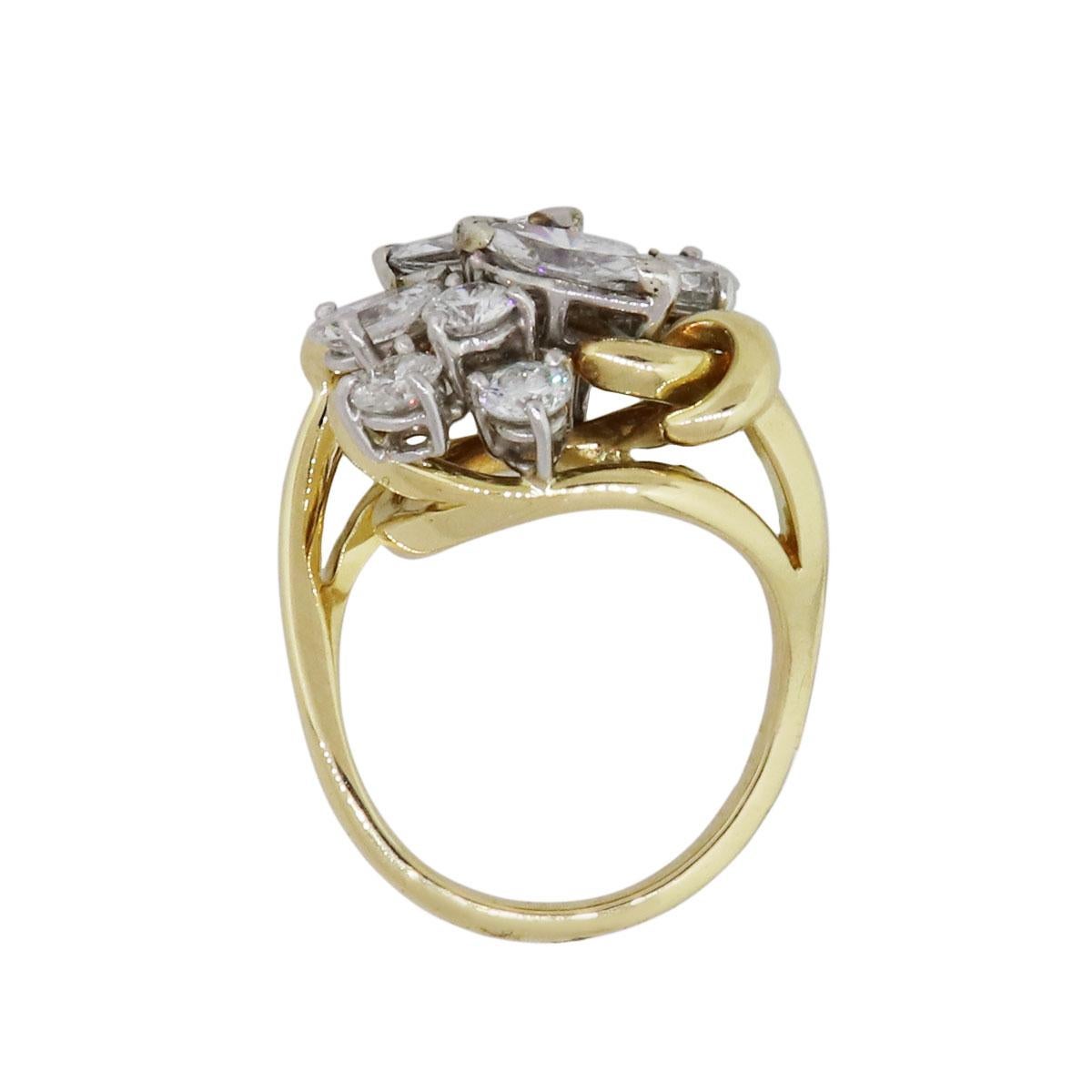 Material: 14k yellow gold
Diamond Details: Approximately 3ctw of round brilliant, pear shape and marquise shape diamonds. Diamonds are G/H in color and VS in clarity
Ring Size: 6 (can be sized)
Ring Measurements: 1.12″ x 0.61″ x 0.87″
Total Weight: