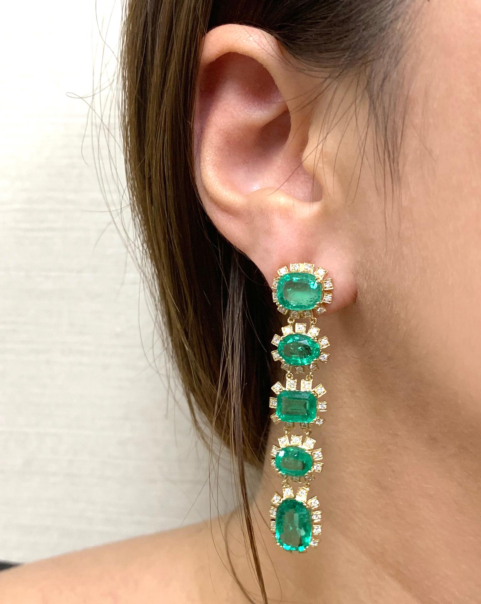 Multi-shape Emerald Long Earrings With Diamonds in 18K Yellow Gold and Omega Clip, from 'G-One' Collection 

Approx. Wt: 16.61 Carats (Emerald)

Diamonds: G-H / VS, Approx. Wt: 1.01 Carats