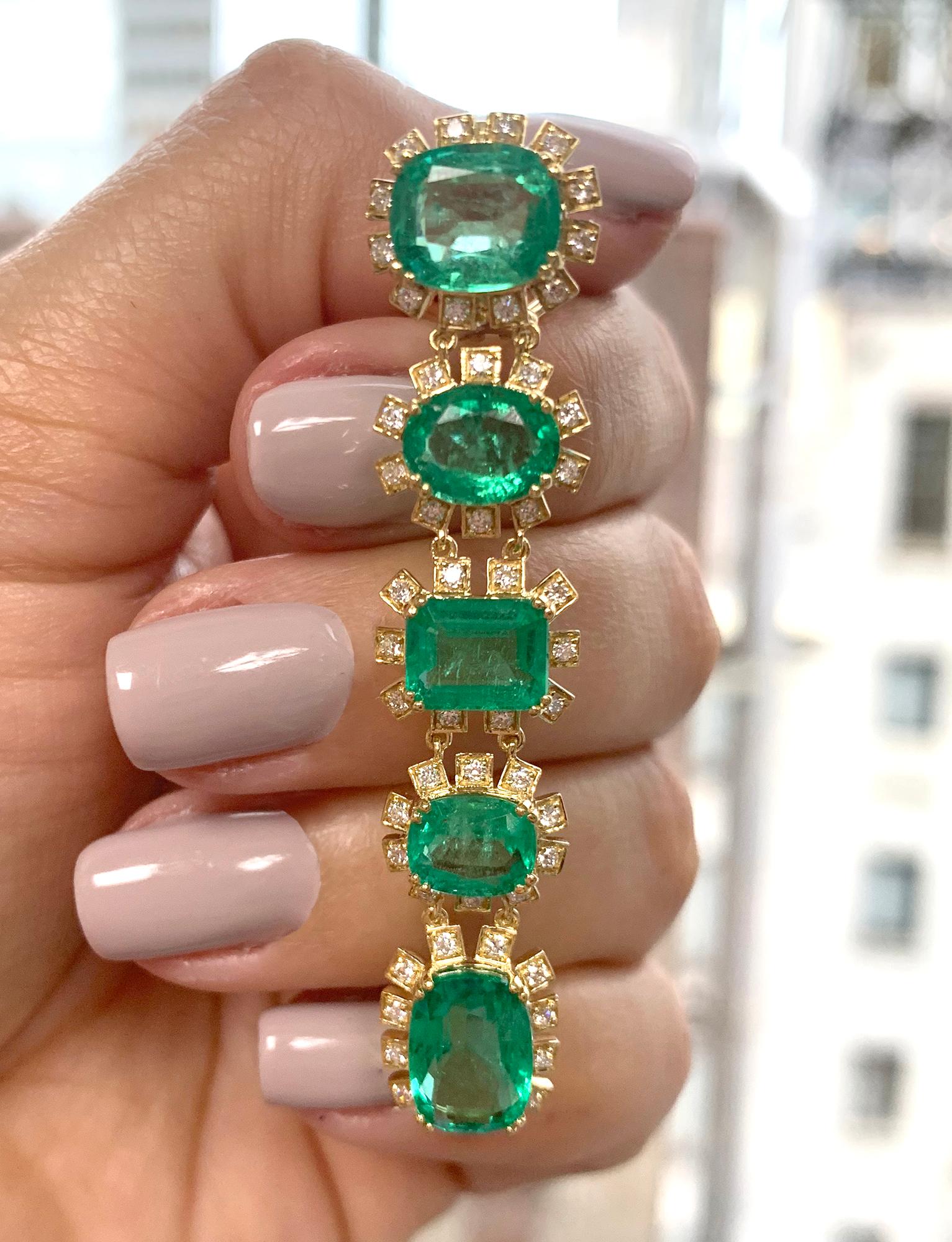 Contemporary Goshwara Multi-Shape Emeralds And Diamond Single line Earrings