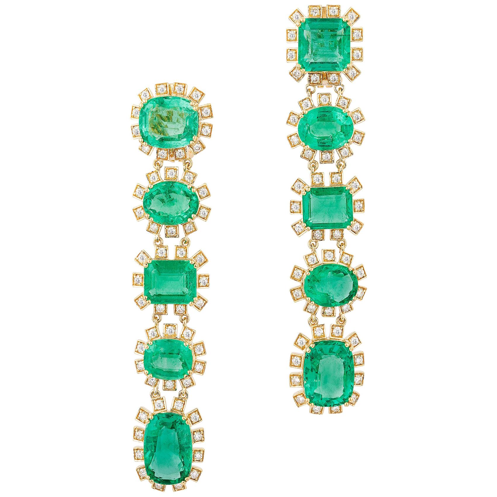 Goshwara Multi-Shape Emeralds And Diamond Single line Earrings