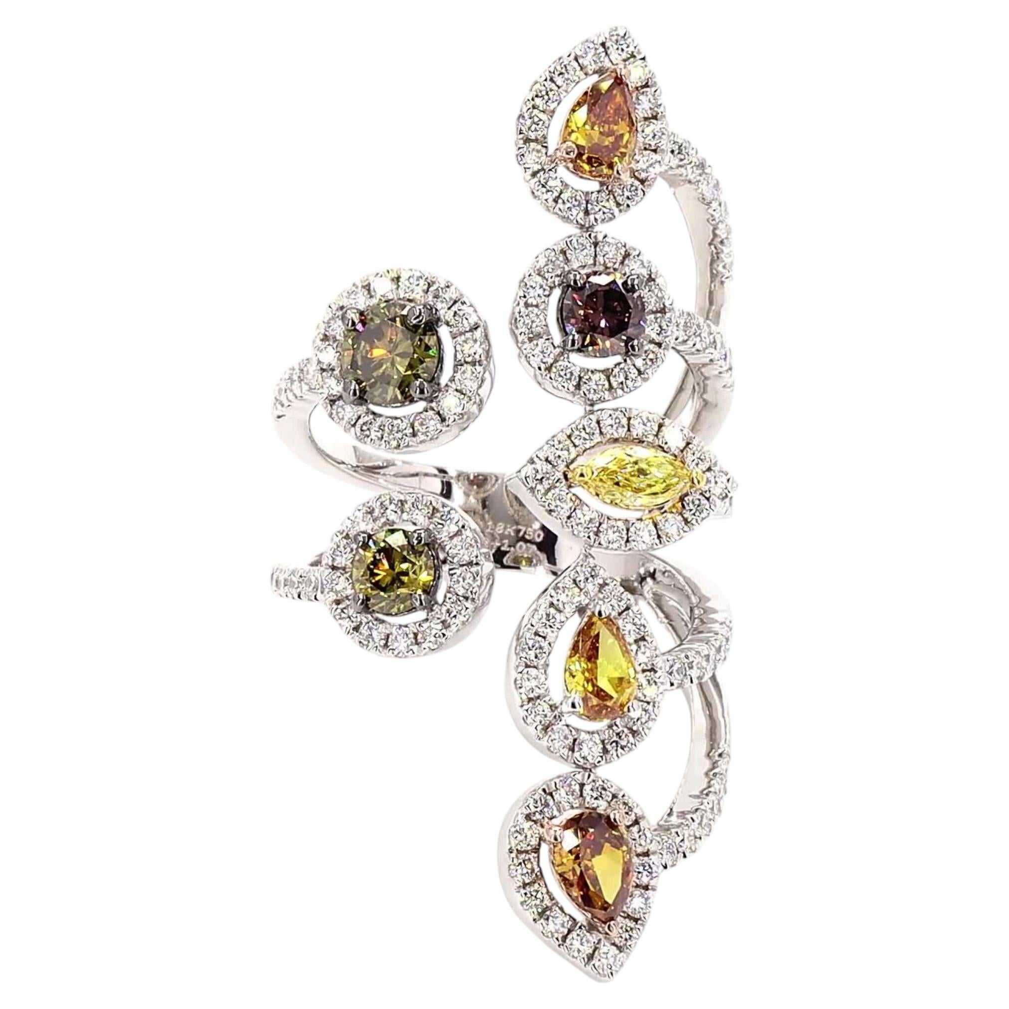 Multi Shape Fancy Color Natural Diamond Ring in 18k Solid Gold (Certified) For Sale