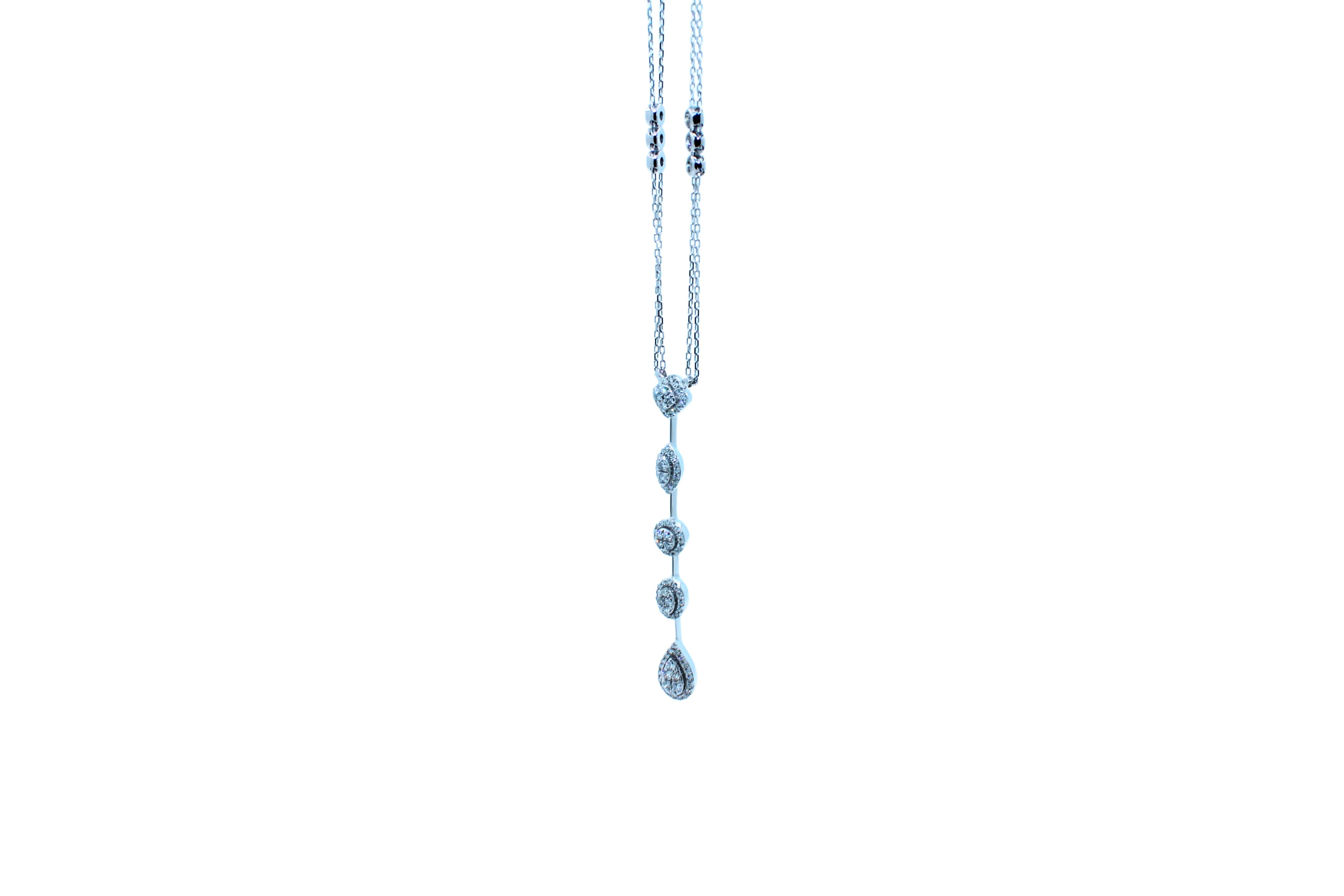 Mixed Cut Multi Fancy Shape Halo Pave Diamond 18K White Gold Pendant Drop Lariat Necklace For Sale