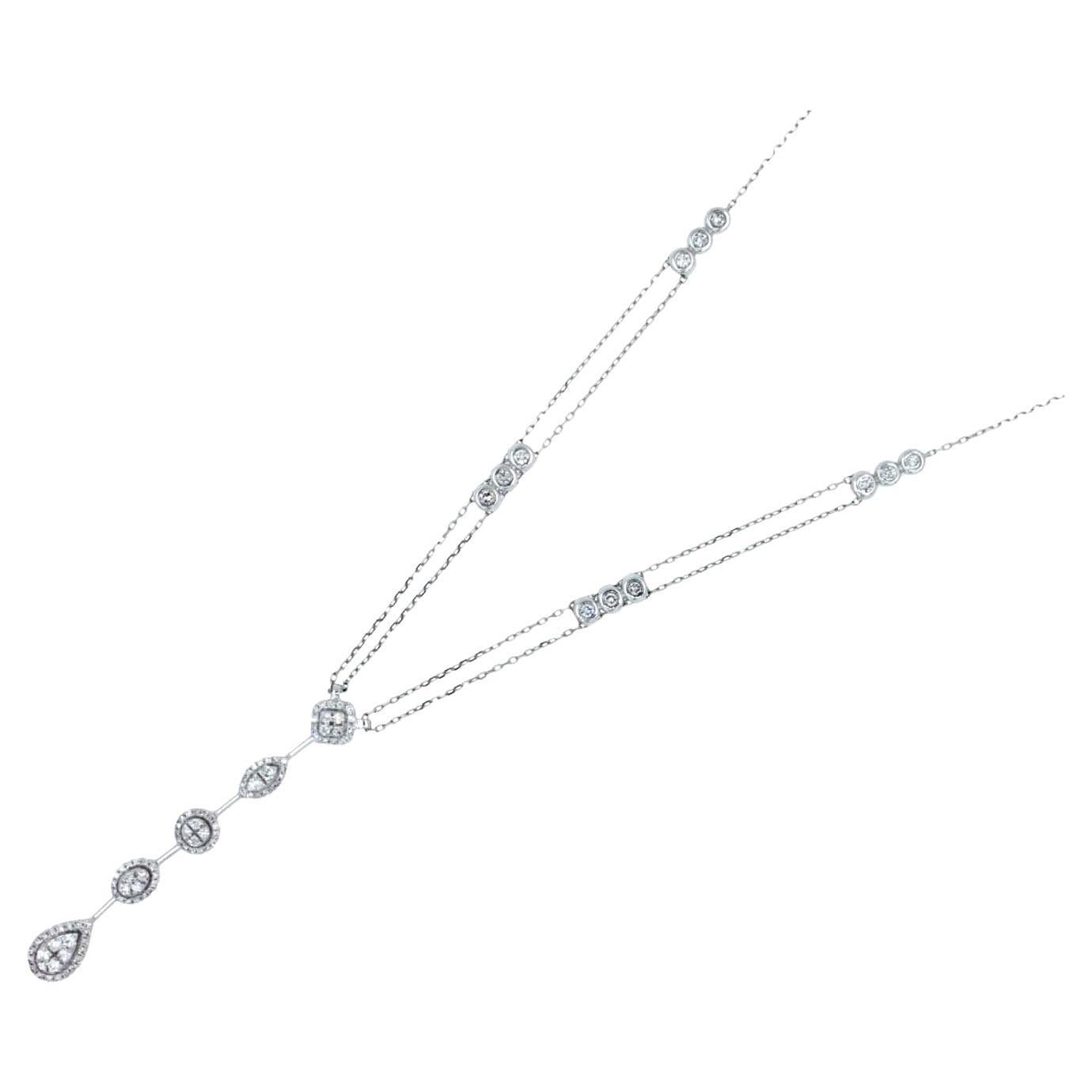 Multi Fancy Shape Halo Pave Diamond 18K White Gold Pendant Drop Lariat Necklace