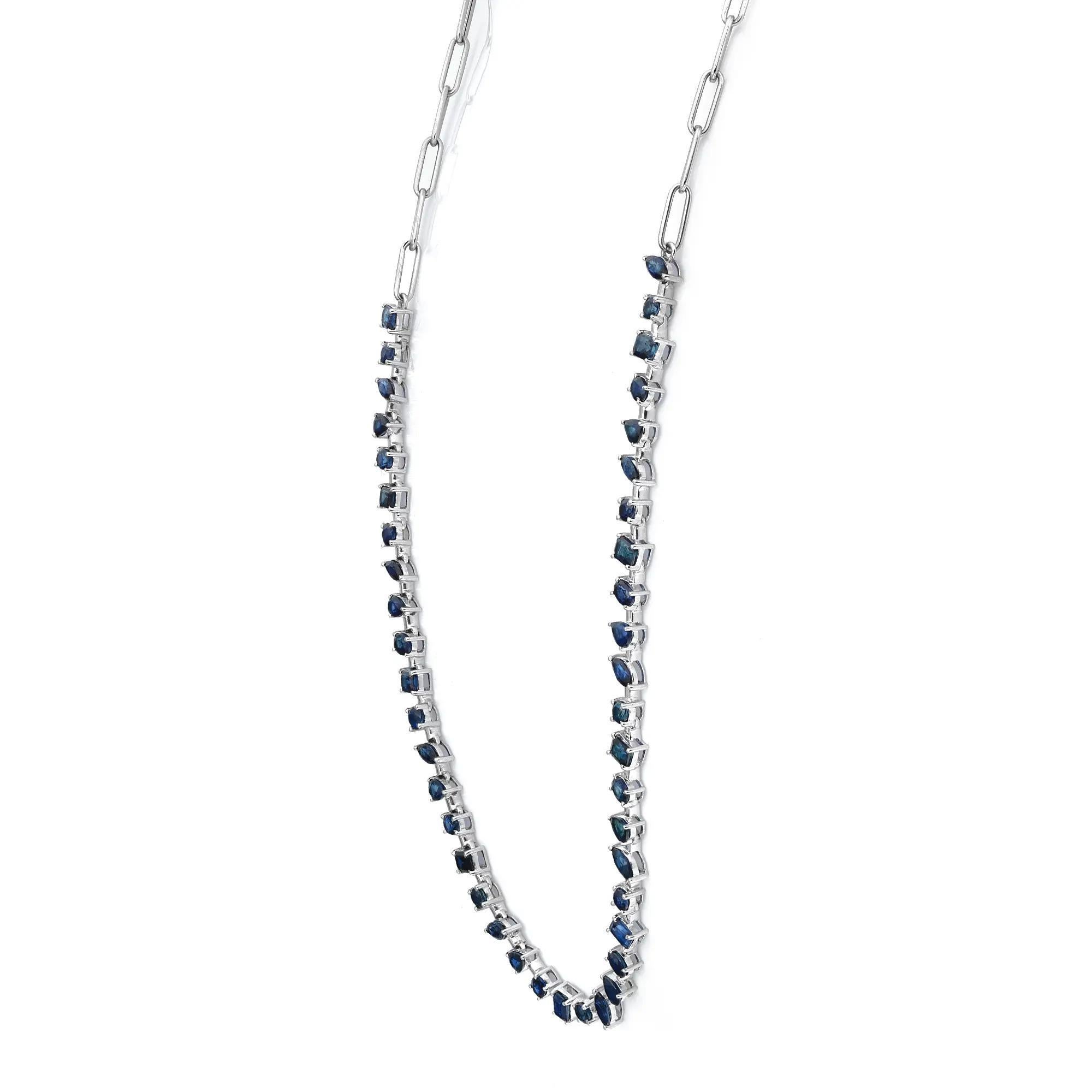 Modern Multi Shape Prong Set Blue Sapphire Tennis Necklace 14K White Gold For Sale