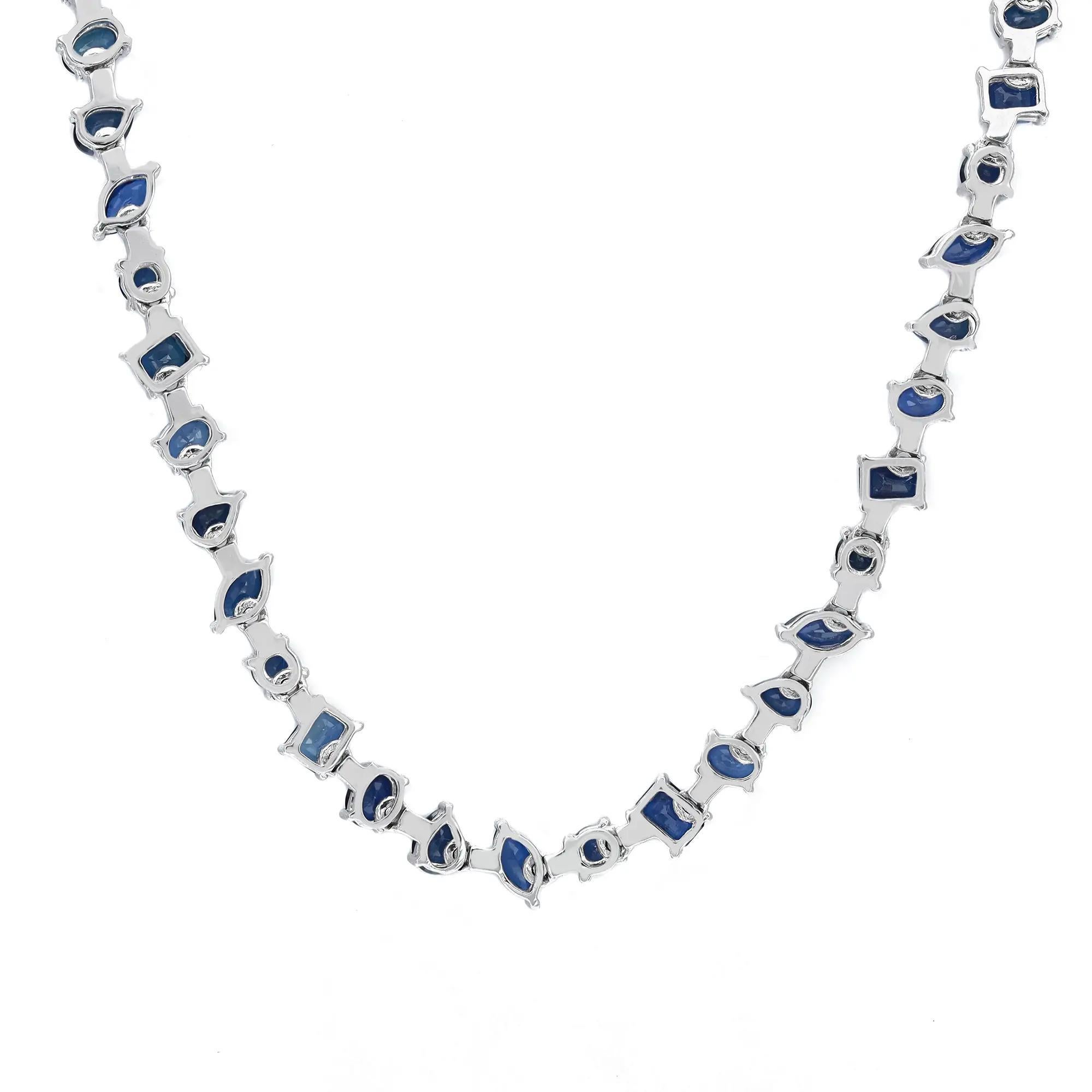 Marquise Cut Multi Shape Prong Set Blue Sapphire Tennis Necklace 14K White Gold For Sale