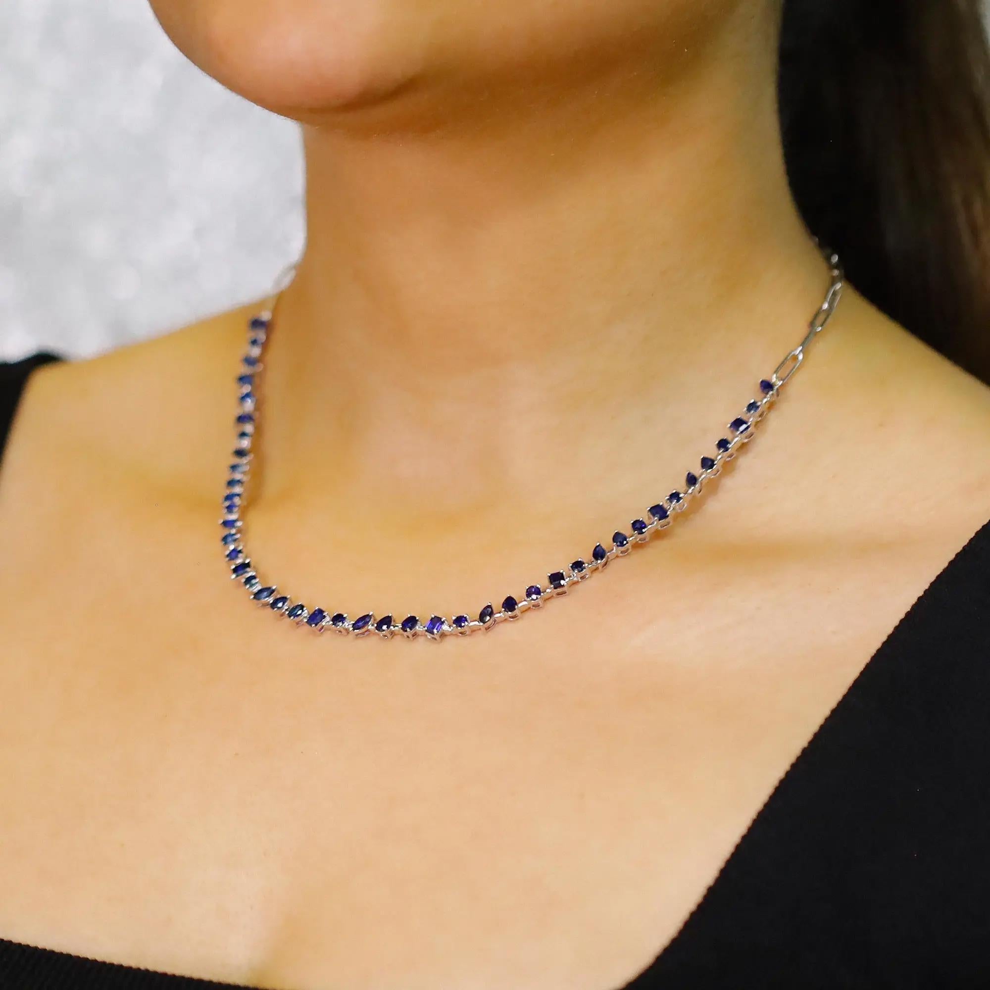 Women's Multi Shape Prong Set Blue Sapphire Tennis Necklace 14K White Gold For Sale