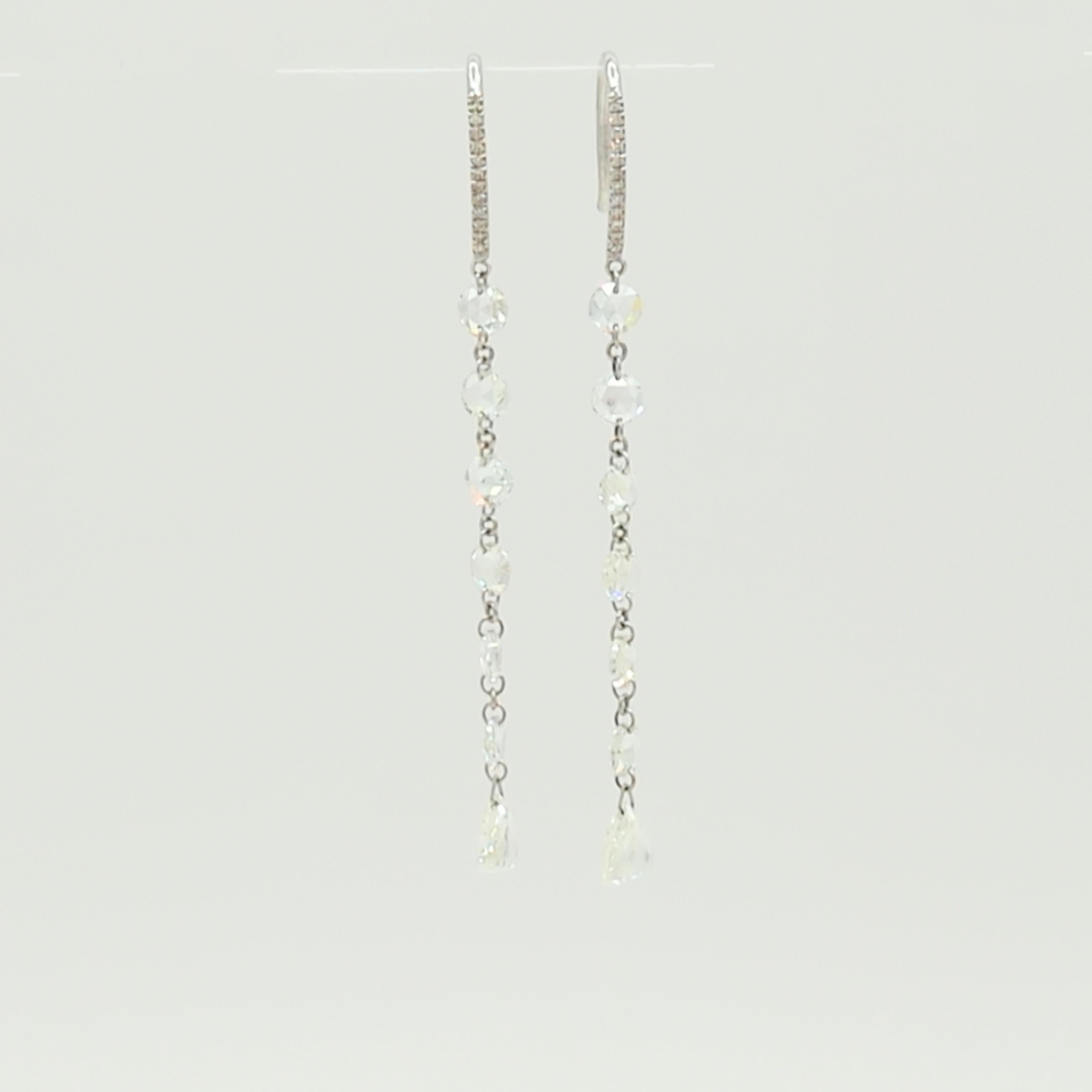 Multi-Shape Rose Cut White Diamond Dangle Earrings in 18K White Gold For Sale 1